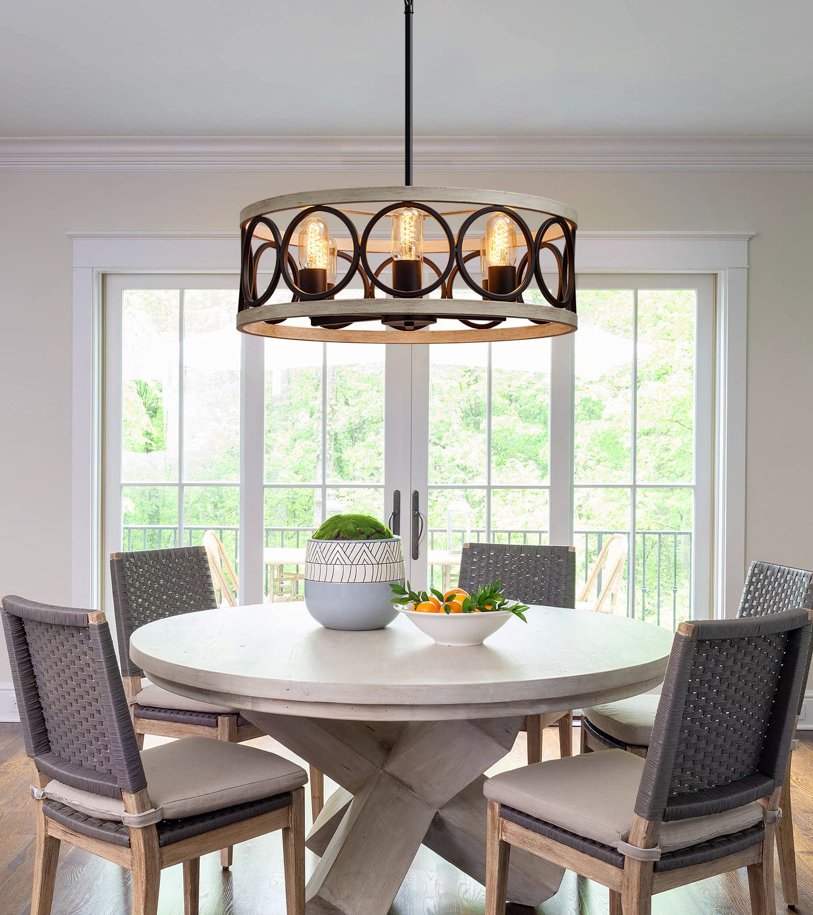 MEIXISUE Modern Farmhouse Drum Chandelier, 6-Lights, Black and White Birch Finish, Rustic Vintage Light Fixture for Kitchen and Dining Room