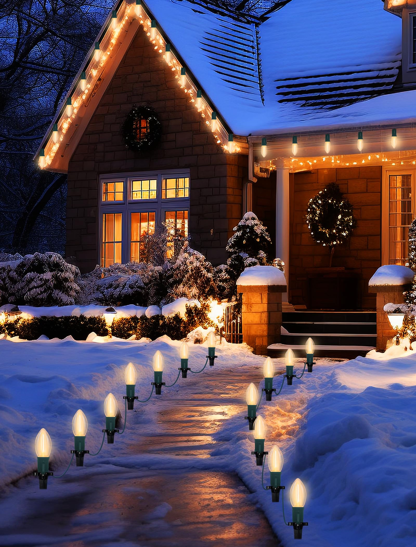 38Ft C9 Led Christmas Pathway Lights Outdoor, 25 C9 Led Warm White Christmas Pathway Stakes Lights Waterproof, Outdoor Christmas