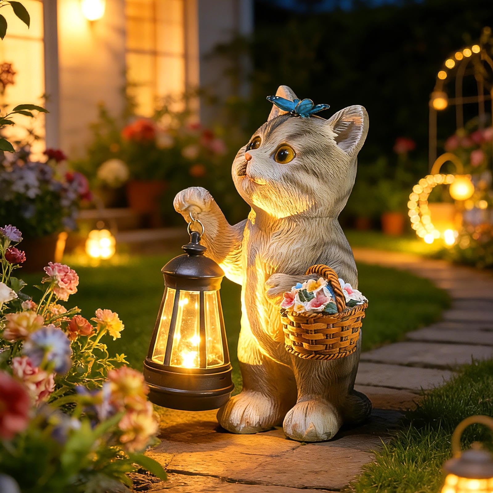 Brightown Solar Cat Garden Decor Statue with Solar Lantern Light  Hand-Discomfortted Resin  IP65 Waterproof Outdoor Decor for Patio  Balcony & Yard Decorations  Unique Mothers Day Gifts for Mom Women