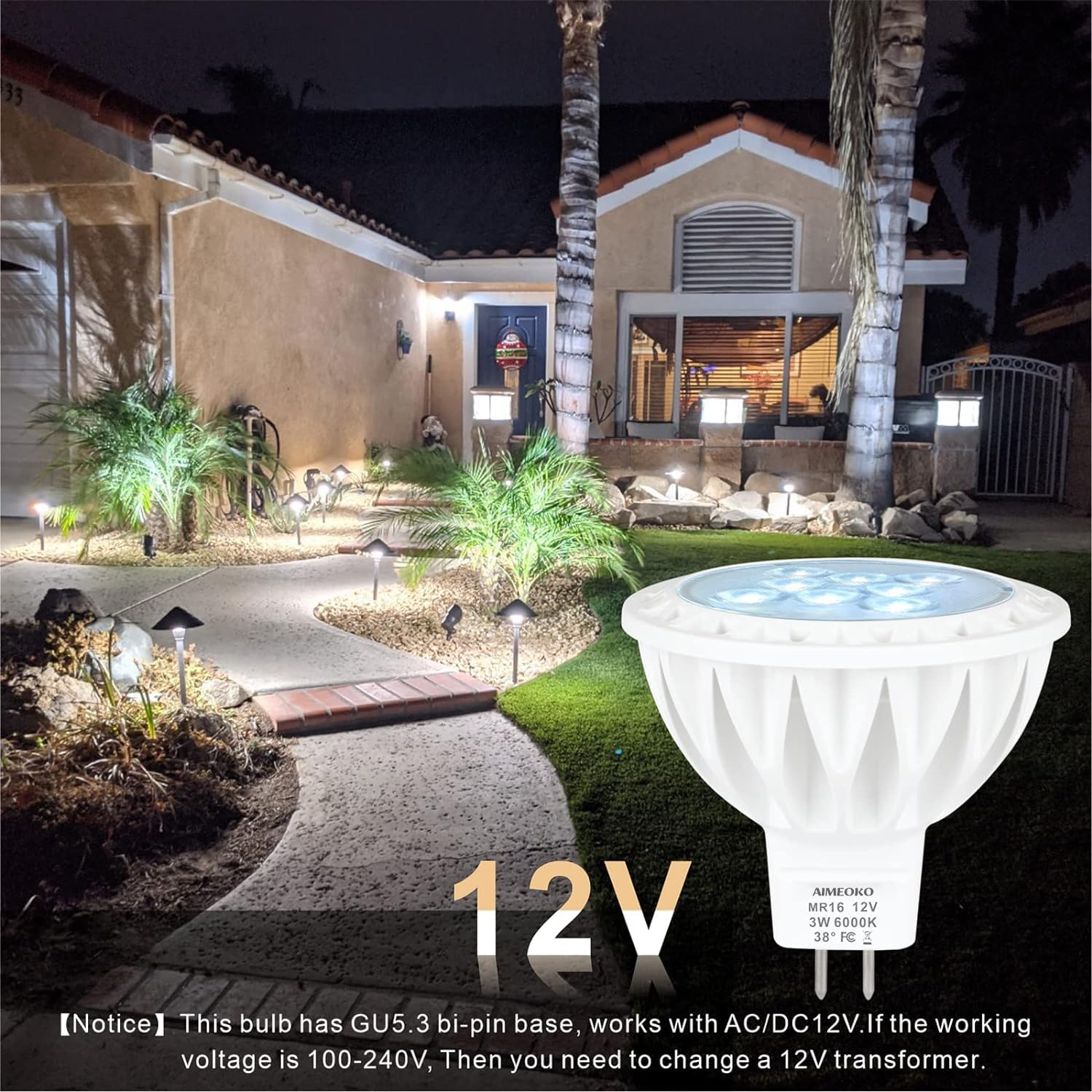 Aimeoko Mr16 Led Bulb Light Bulbs 6 Pack, 3W (35W Halogen Equivalent) 6000K Daylight Cool White Gu5.3 Base 12V Spotlight 38 Deg