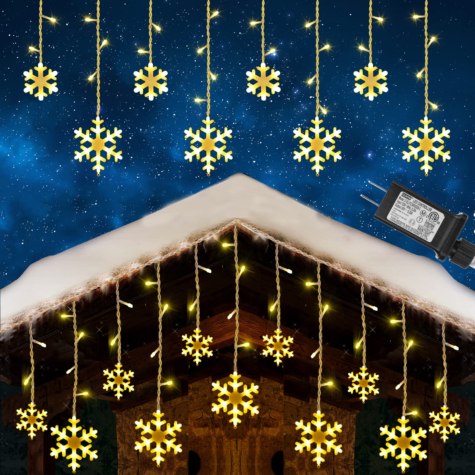 Toodour Christmas Snowflake Lights Outdoor, 17.22Ft 264 Led Snowflake Icicle Lights With 22 Drops, 8 Modes, Timer, Connectable,