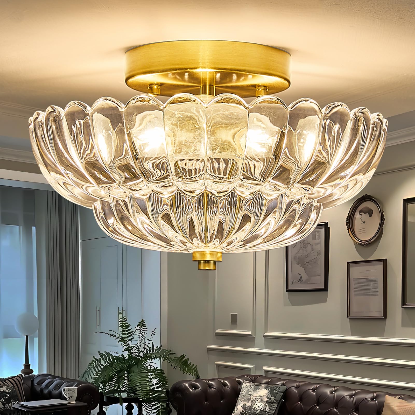 FHKLZCI Mid Century Modern Gold Semi Flush Mount Ceiling Light Fixture 3 Lights Flower Glass Close to Ceiling Lighting Fixtures for Bedroom Hallway Kitchen Foyer Bathroom Closet Laundry Room 11.8 inch