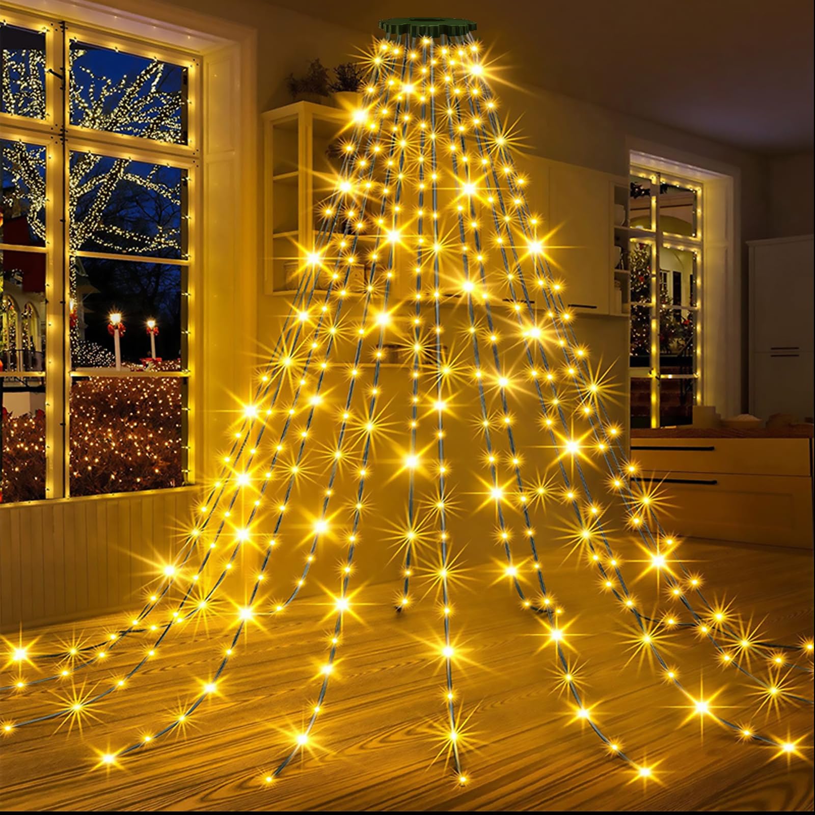 AHAWILL 240-LED Waterproof String Lights with Star Topper, 8 Light Modes, Warm Color, Model HCP152
