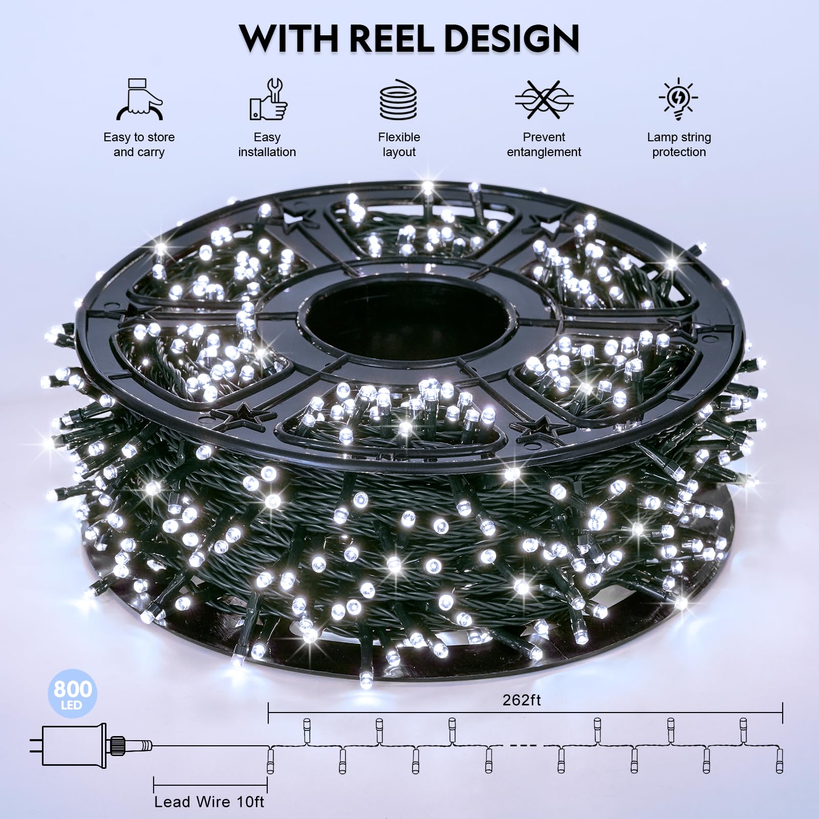Jmexsuss 800 Led White Christmas Lights Outdoor, 272Ft 8 Modes Christmas Tree Lights Green Wire, Waterproof Led Christmas String