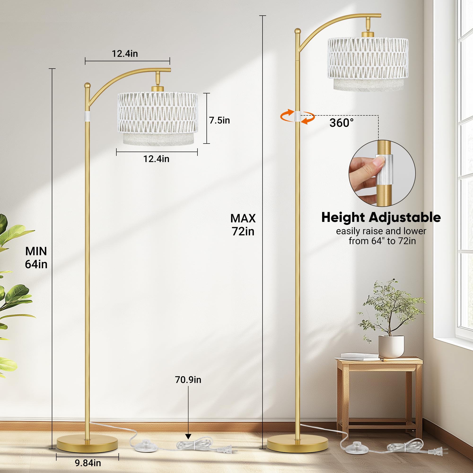 ROTTOGOON Rattan Floor Lamp - 72" Gold & White Arc Lamp with Linen Shades, 9W Bulb, Foot Switch, Model ROFP100BJ1