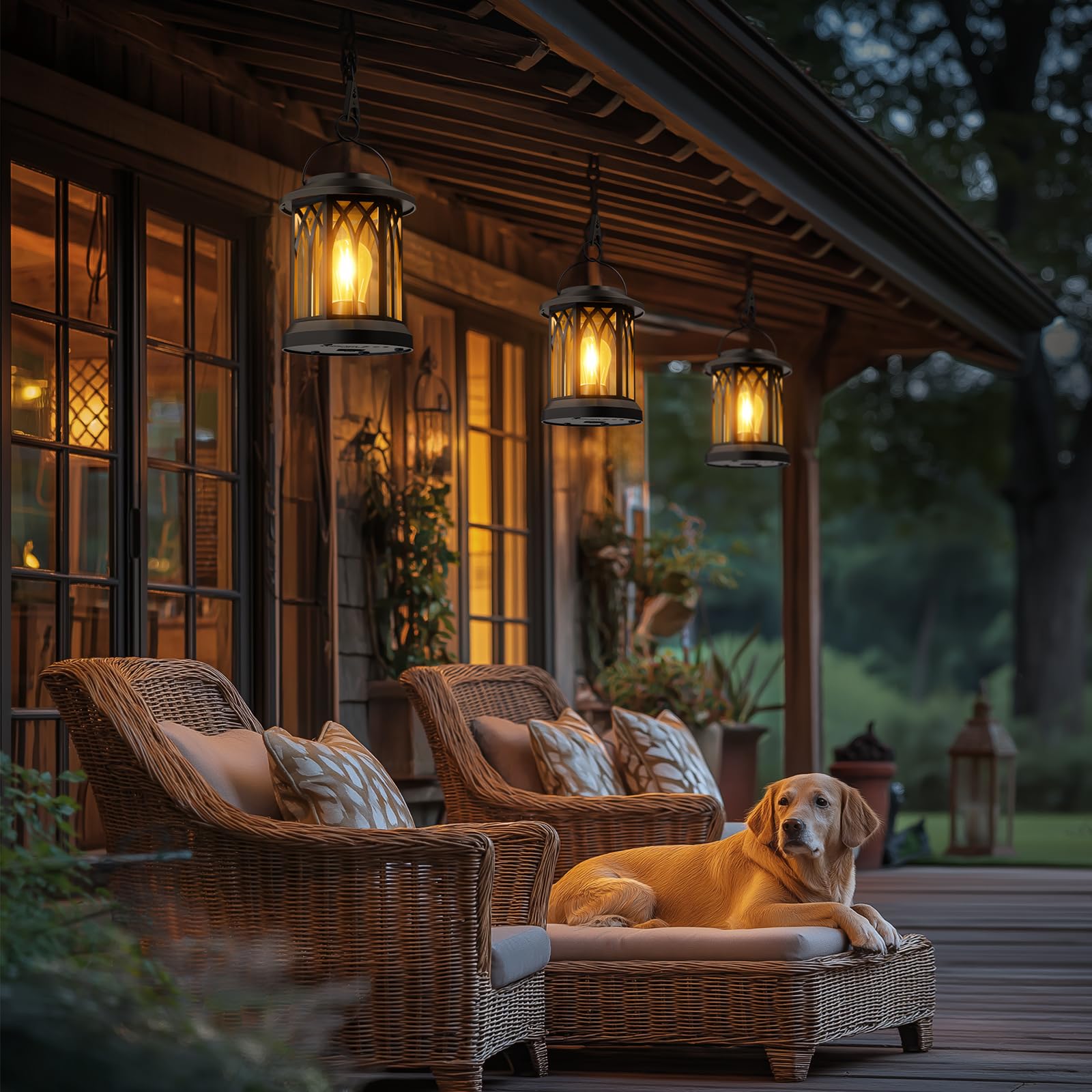 SIMLIX Solar Lanterns 4-Pack - Waterproof Hanging Lights for Patio & Garden, Black Modern Design, ABS Material, Warm Light