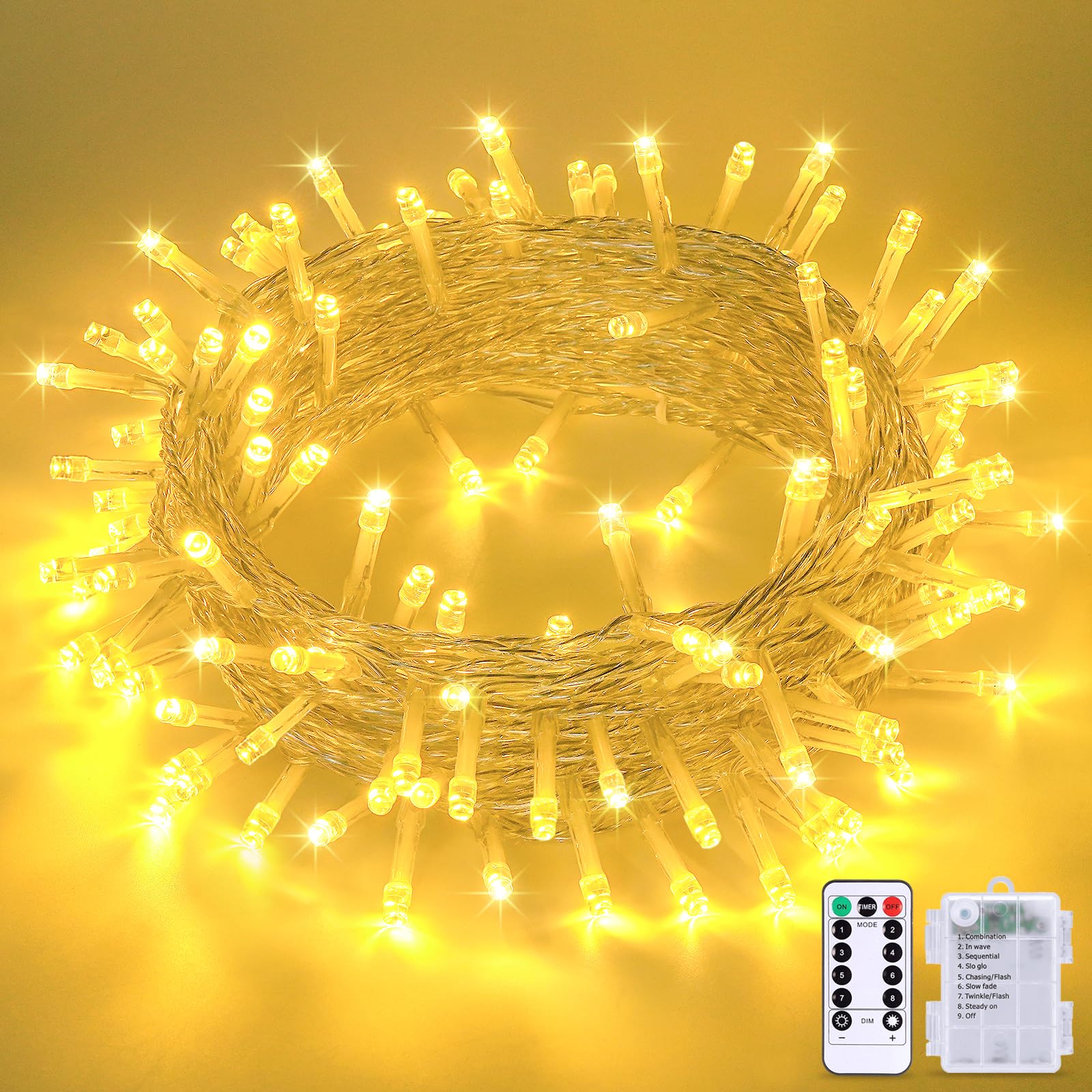 Jmexsuss 33Ft 100 Led Warm White Battery-Powered String Lights, Waterproof Twinkle Fairy Lights With 8 Modes For Indoor/Outdoor Use
