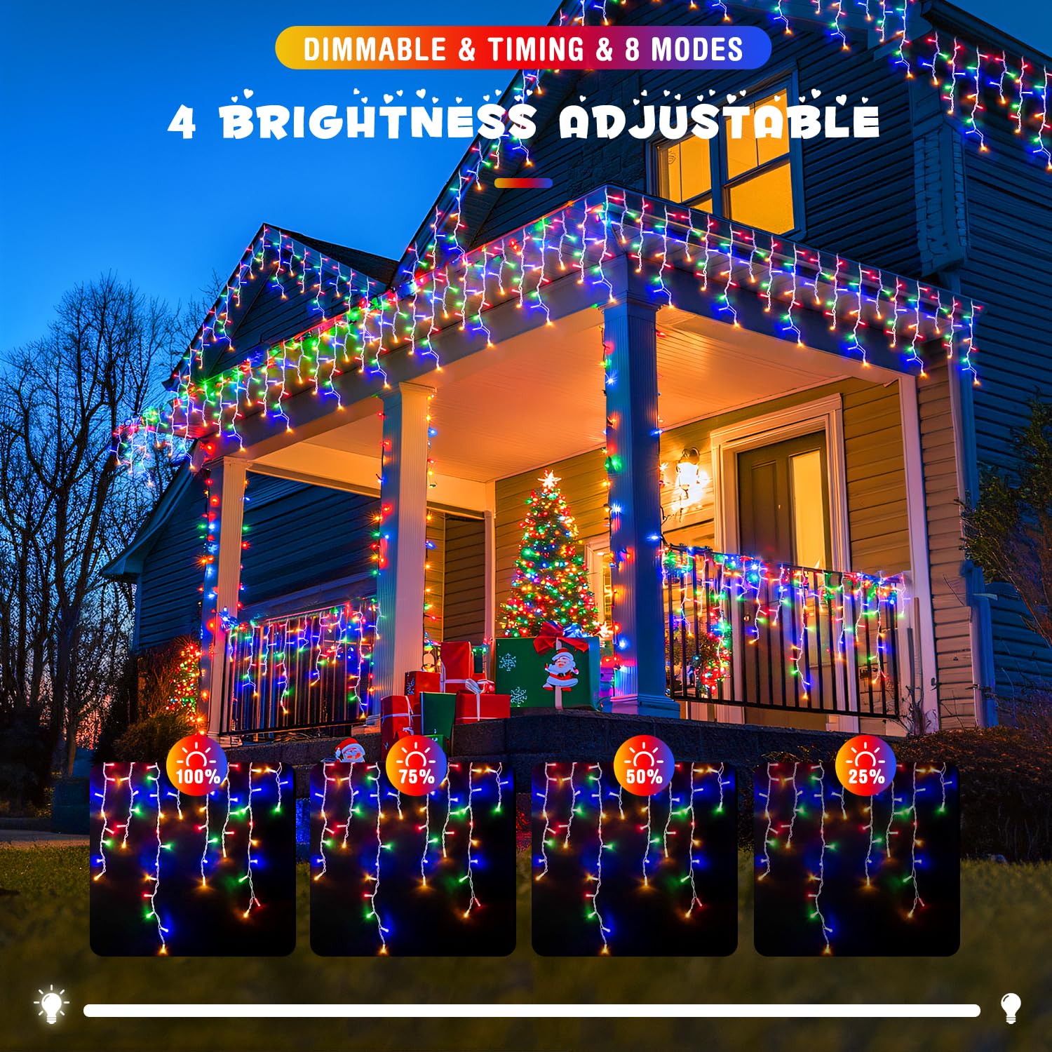 JMEXSUSS 800 LED Christmas Icicle Lights, Multicolor, Waterproof, 8 Modes, Model EXS-I-0800