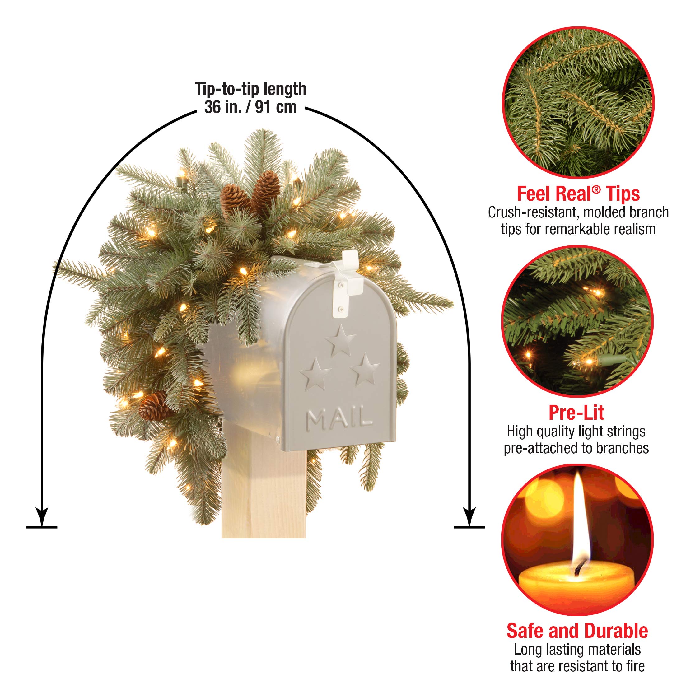 National Tree Company Pre-Lit Artificial Christmas Mailbox Swag With Battery-Operated Led Lights - 36&quot;