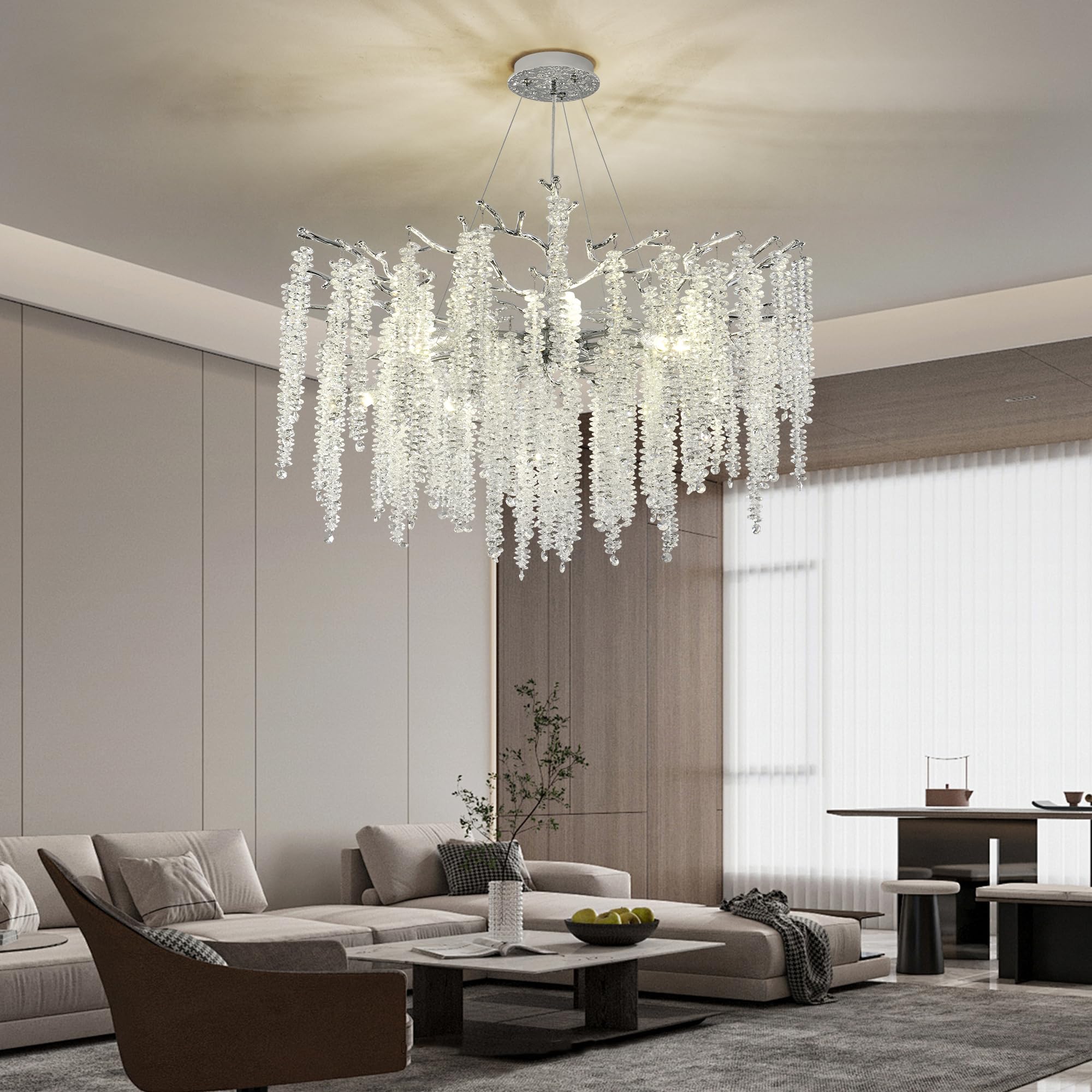 Upfelw Modern Crystal Tree Branch Chandelier, 10 Lights, D30'', Polished Chrome, Art Deco Lighting for Dining Room, Bedroom, Living Room