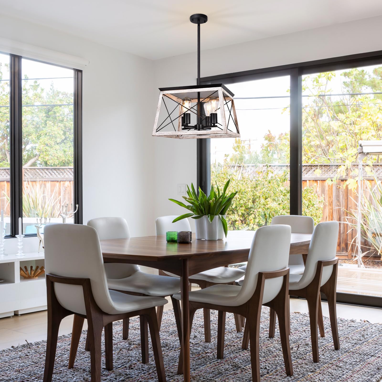 Merbotin Farmhouse Chandelier, Rustic White Wood 4-Light Pendant Light For Dining Room & Entryway
