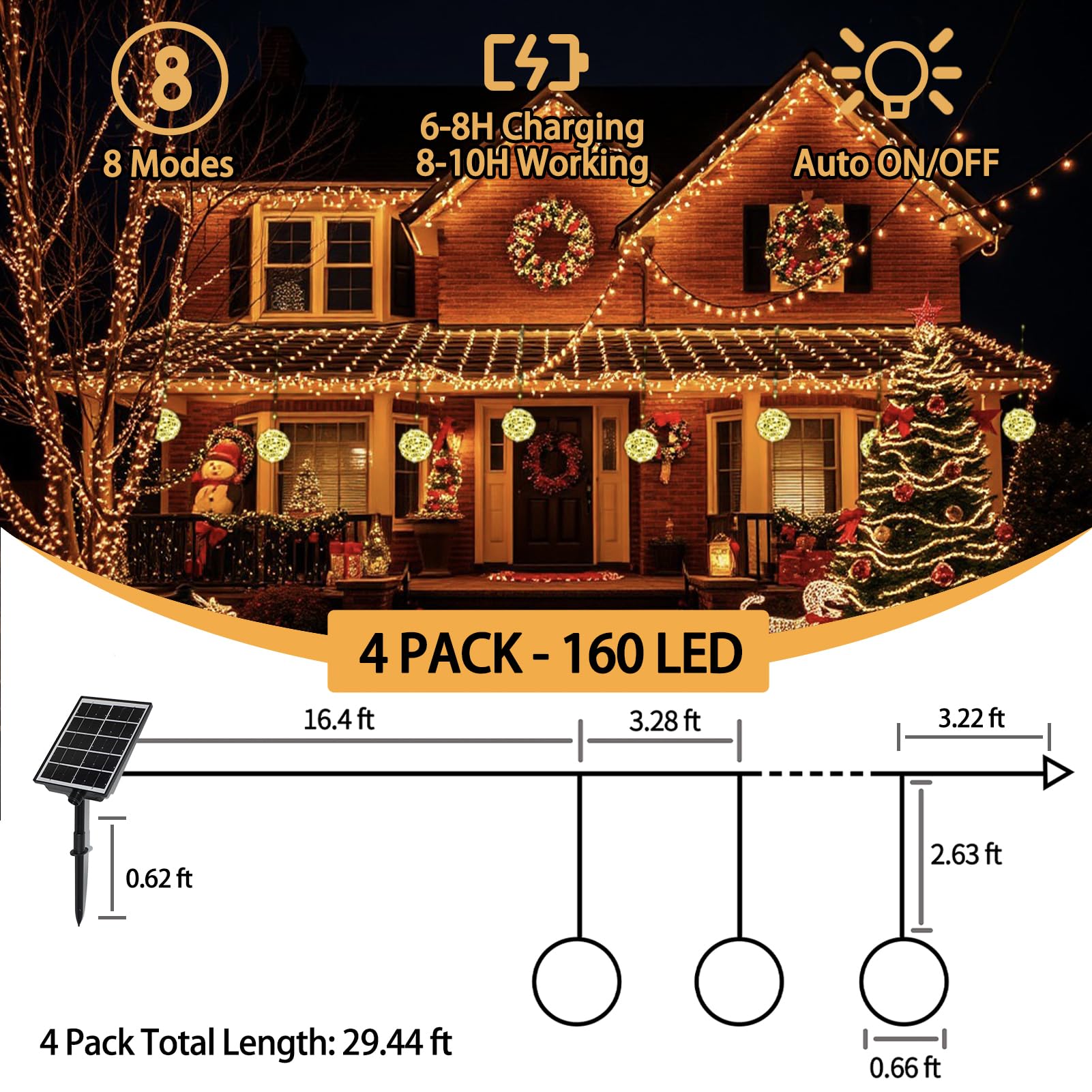 Solar Christmas Ball Lights For Tree Outdoor  4 Pack 160 Led Globe Lights Waterproof  8 Modes 7.87In Solar Sphere String Lights Outside For Window Garden Yard Porch Party Decorations  Warm White