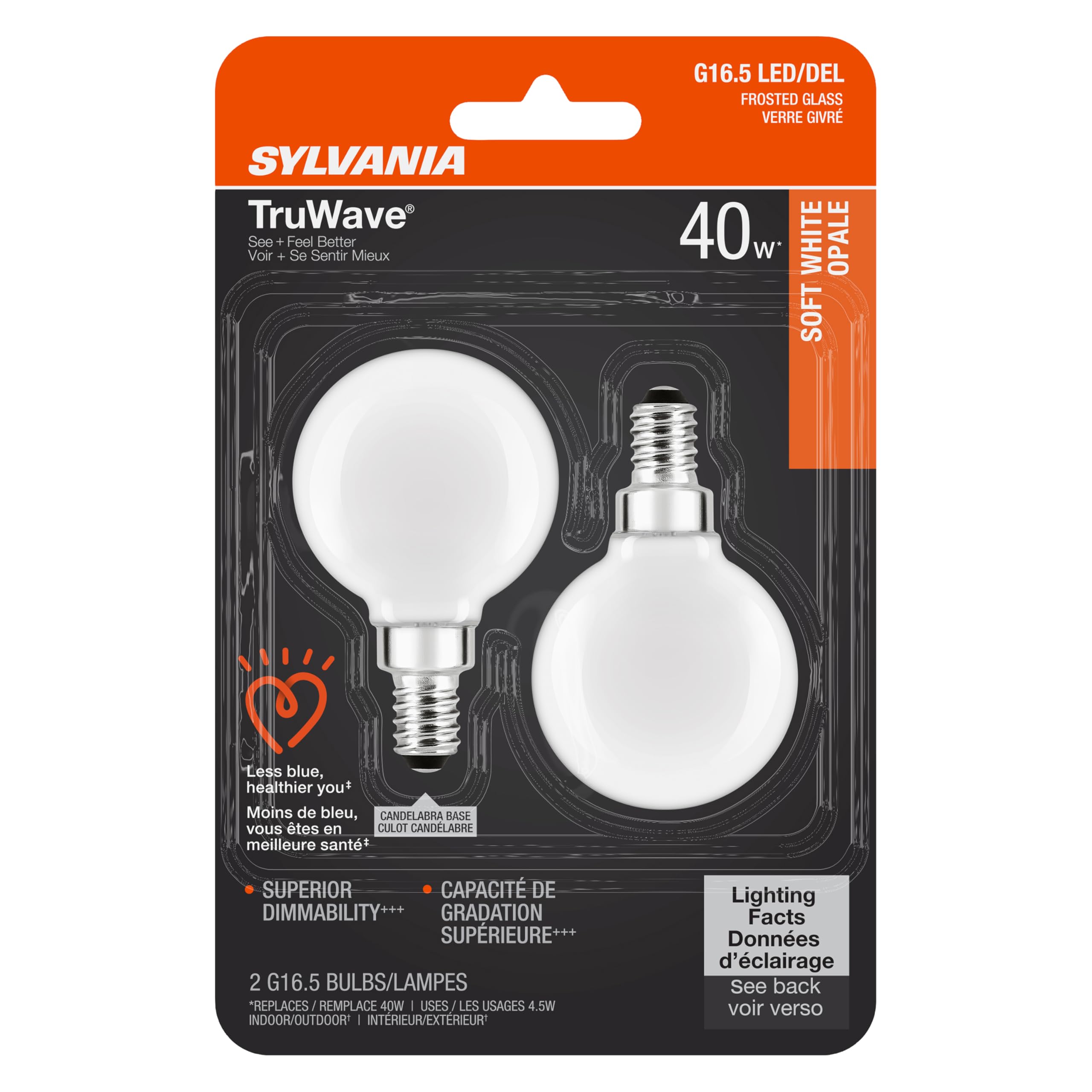SYLVANIA LED TruWave Natural Series D  cor Globe G 16.5 Light Bulb, 40W Equivalent, 4.5 Efficient, Candelabra Base, Dimmable, 35