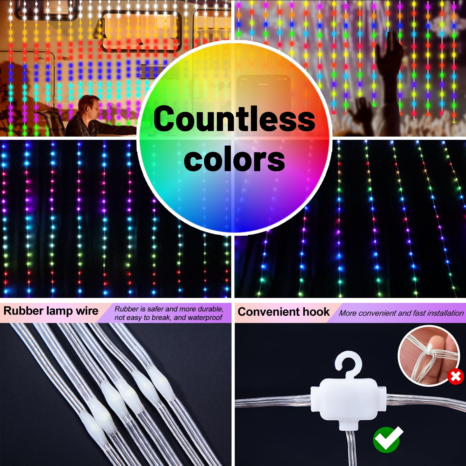 HXWEIYE Curtain Lights - 300LED RGB Color Changing, Remote & APP Control, USB, Silver Copper Wire, Model HY100150
