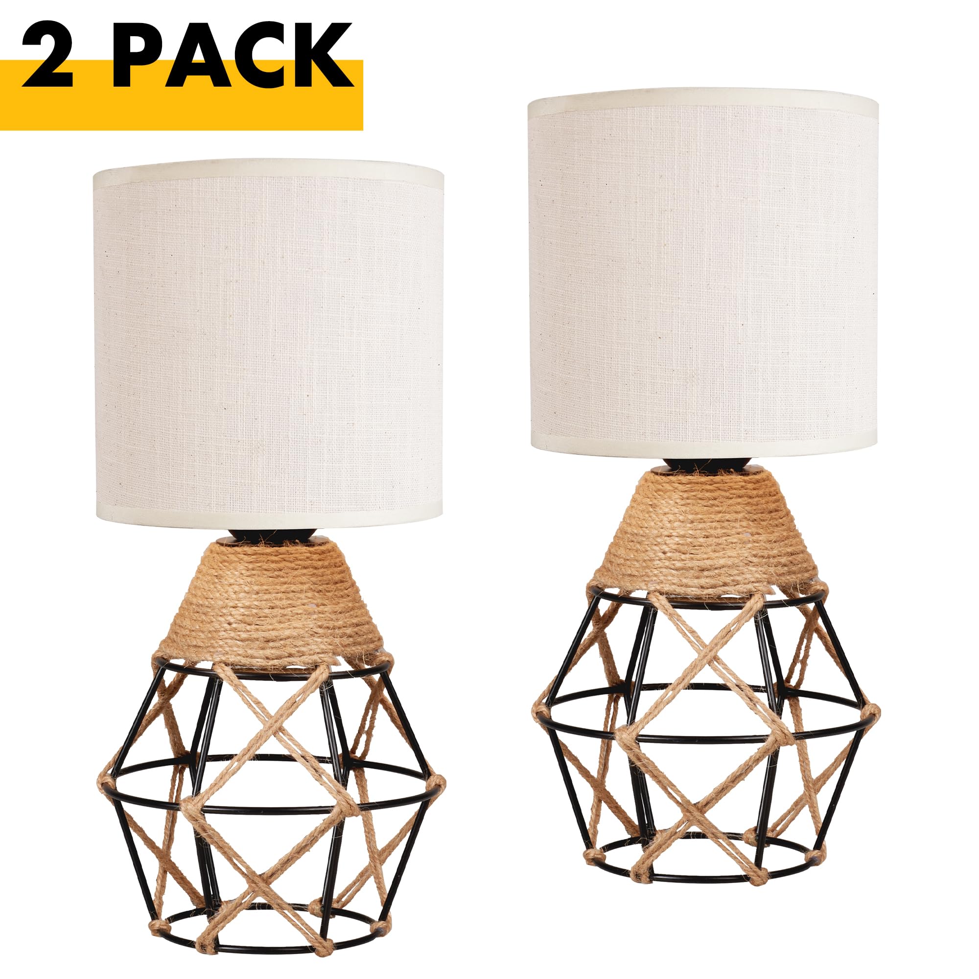 Hamilyeah Table Lamps Set Of 2 With On/Off Switch, Farmhouse Woven Bedside Lamps For Night Stands With Beige Linen Fabric Shade