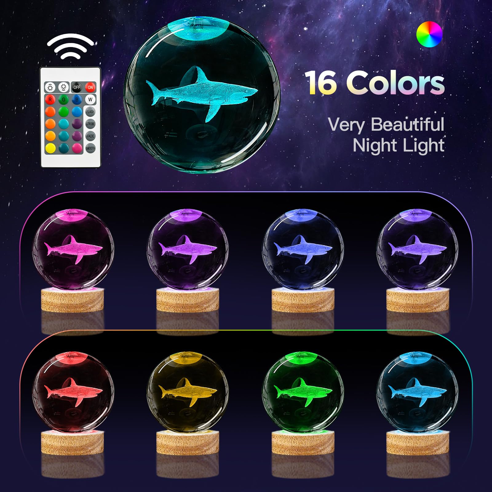 Yylzephb 3D Shark Crystal Ball Night Light With Woodern Base, 3.15 Shark Glass Ball Lamp 16 Colors With Remote Control Shark Fig