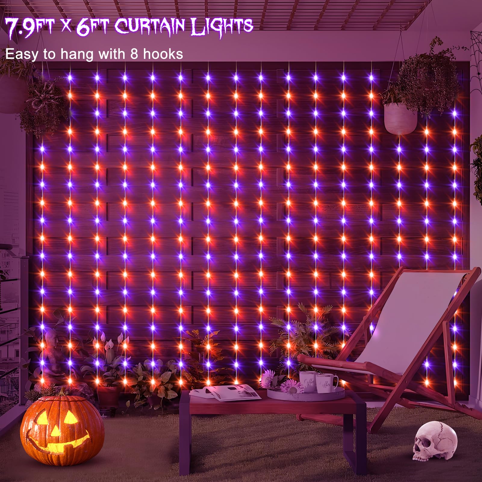 echosari Solar Curtain Lights, 144 LED, 7.9ft x 6ft, Orange & Purple, 8 Modes, Waterproof, Halloween Decor