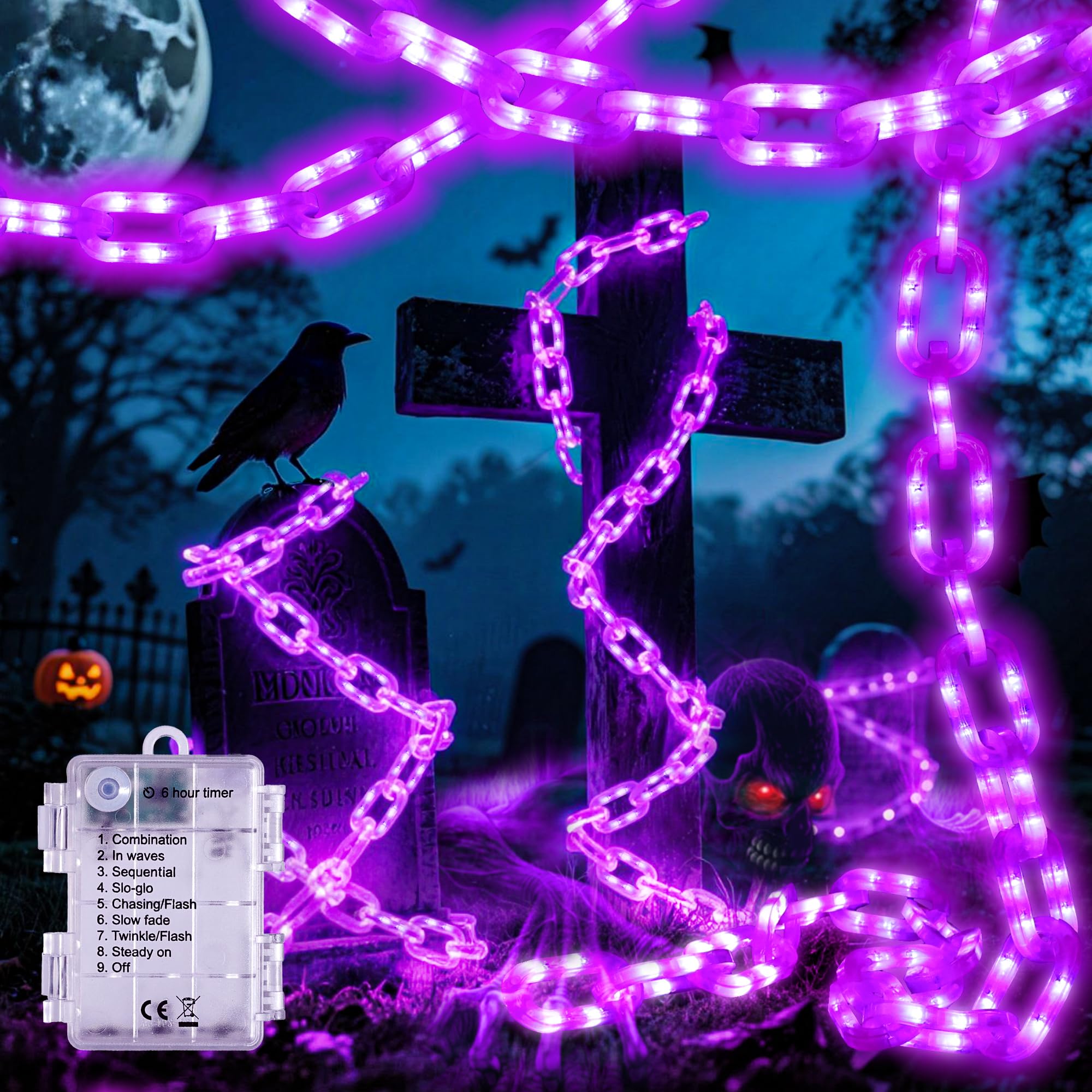 Joomer Battery Operated Halloween Lights Outdoor  9.5 Ft 160 Led Waterproof Halloween Decorative Plastic Chain String Lights  8 Lighting Modes And Timer Function  Suitable For Outdoor Indoor (Purple)