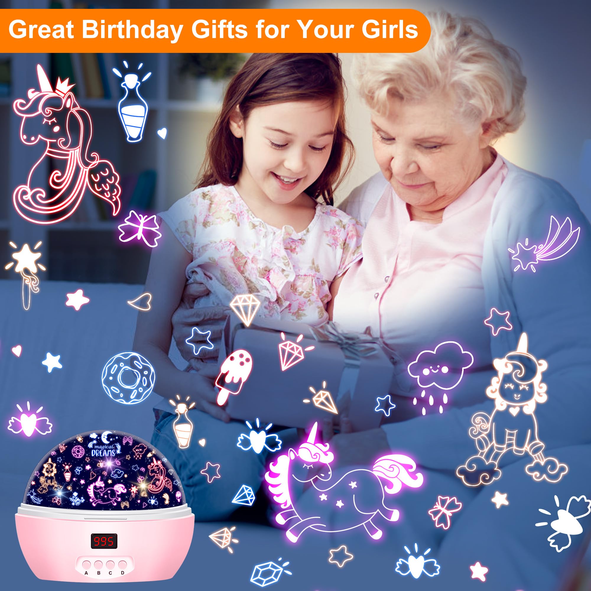 Mokoqi Kid Unicorn Night Light For Girls  And Baby Bear Night Lights Rotating Light Projector With Timer Color Changing Birthday Gifts For 3-5-10 Year Old Girls