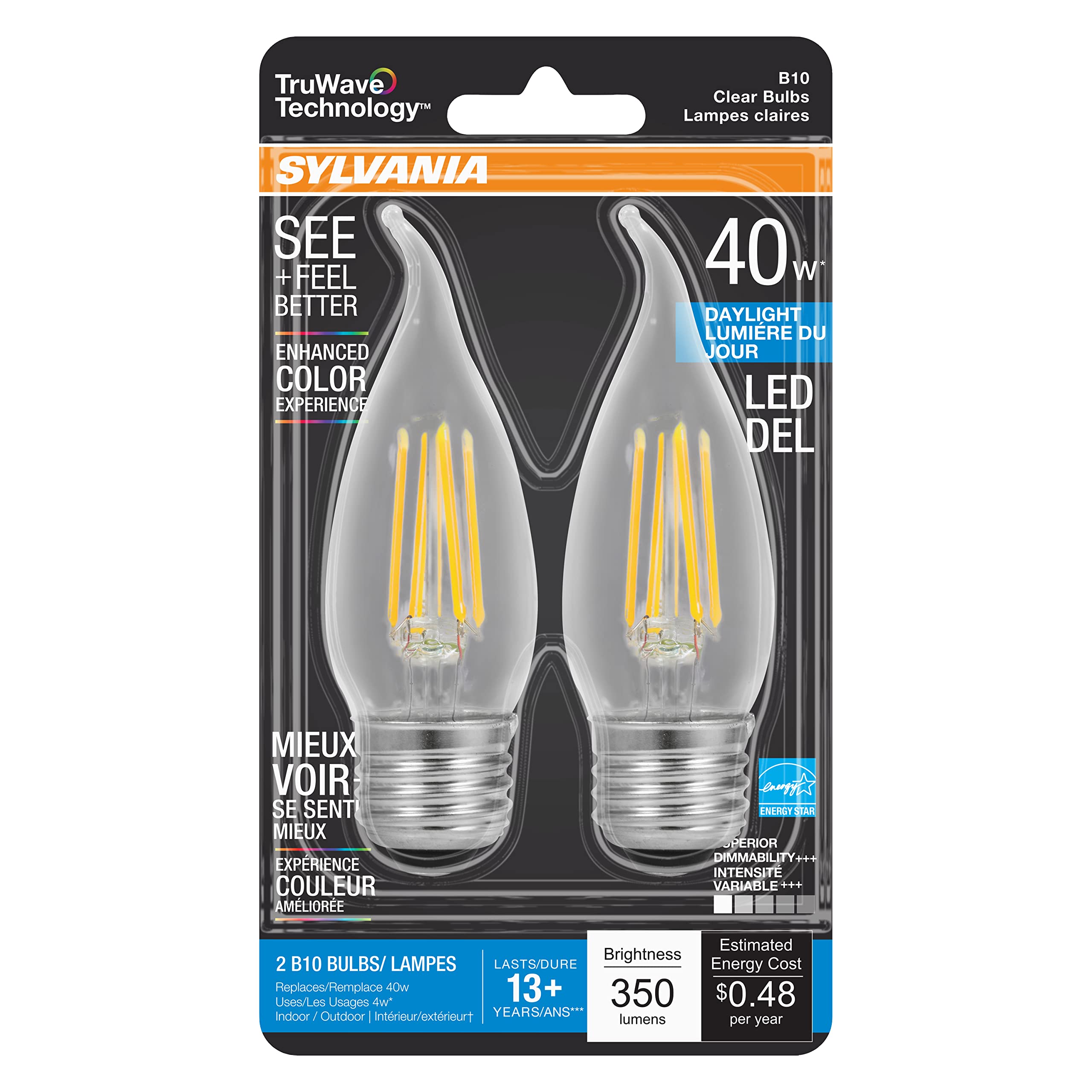 Sylvania Led Truwave Natural Series Candelabra Light Bulb, 40W B10 Daylight Medium Base, Dimmable, Clear, Candle Tip - 2 Pack