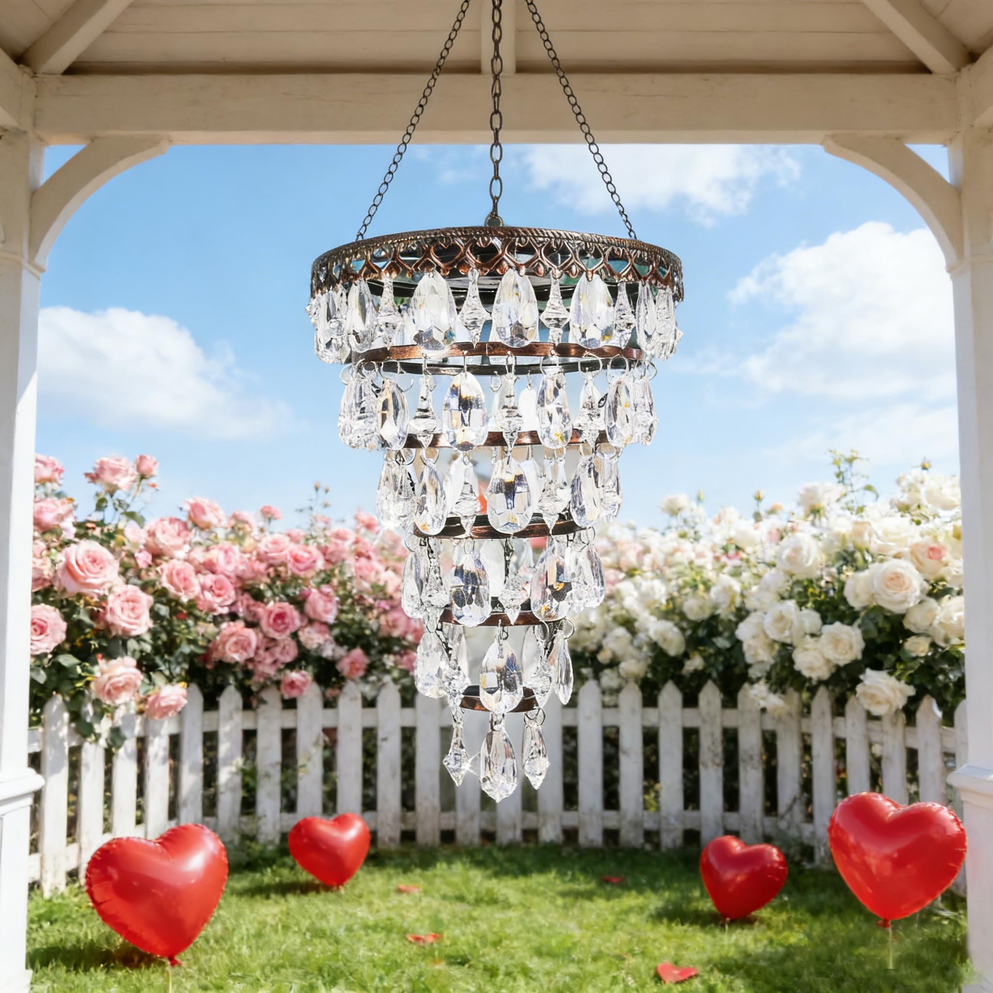 Solar Hanging Crystal Chandelier Outdoor Garden Decorative Lights a Bright Warm LED and 5ft LED Band Waterproof Hanging Lantern for Valentine Gifts Garden Gazebo  Party  Wedding 6 Tier