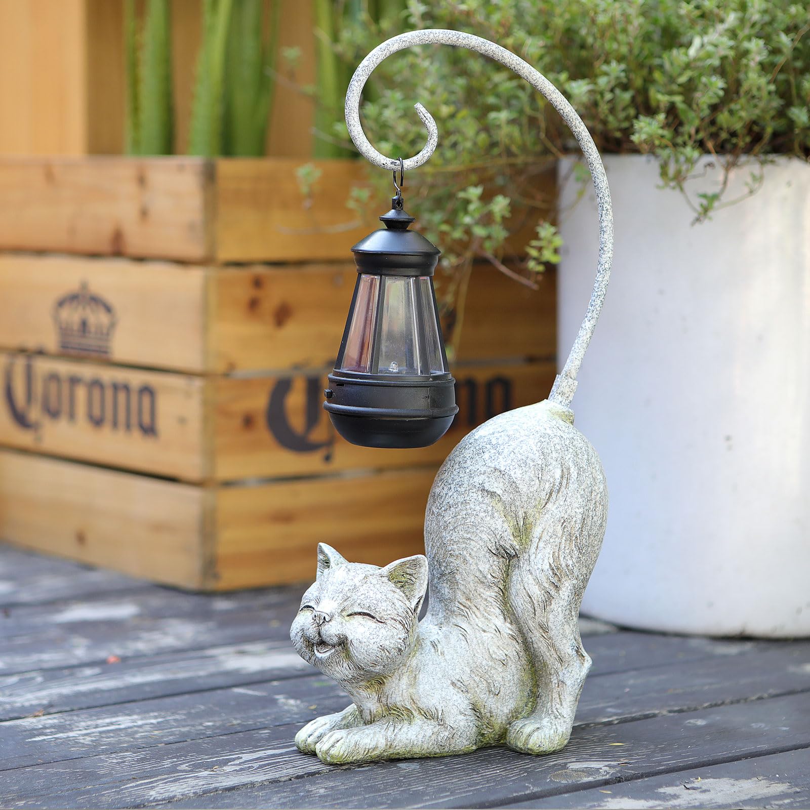 Hapyard Laughing Cat Figurine With Solar-Powered Led Light, 15.7 Inches Tall Marble, Perfect For Gift Garden Decor Or Housewarming For Cat Lovers.
