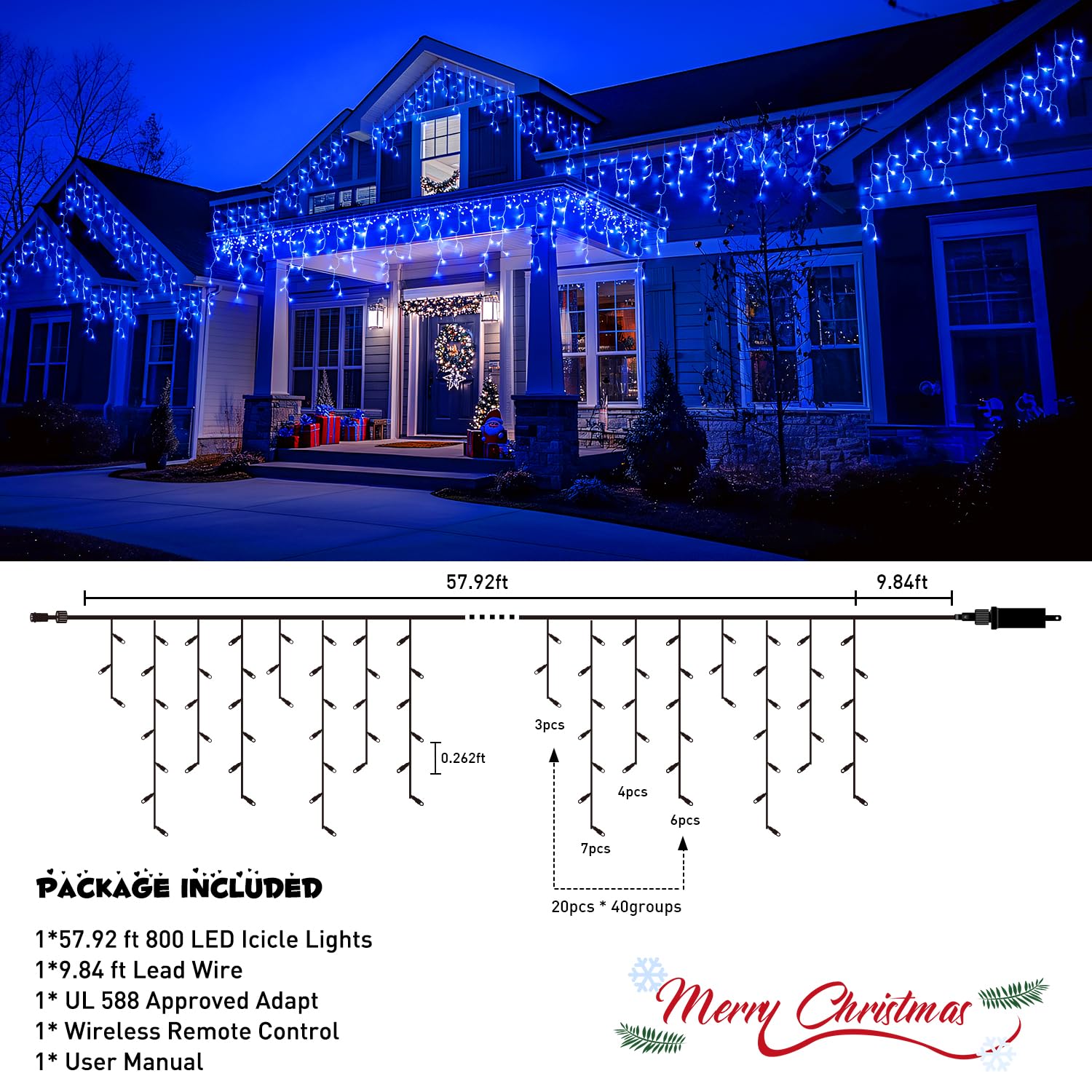 Jmexsuss 800 Led Blue Icicle Christmas Lights Outdoor, Icicle Lights For Outside With 160 Drops, Blue Christmas String Lights In