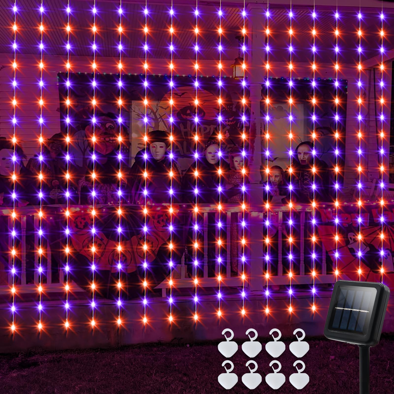 echosari Solar Curtain Lights, 144 LED, 7.9ft x 6ft, Orange & Purple, 8 Modes, Waterproof, Halloween Decor