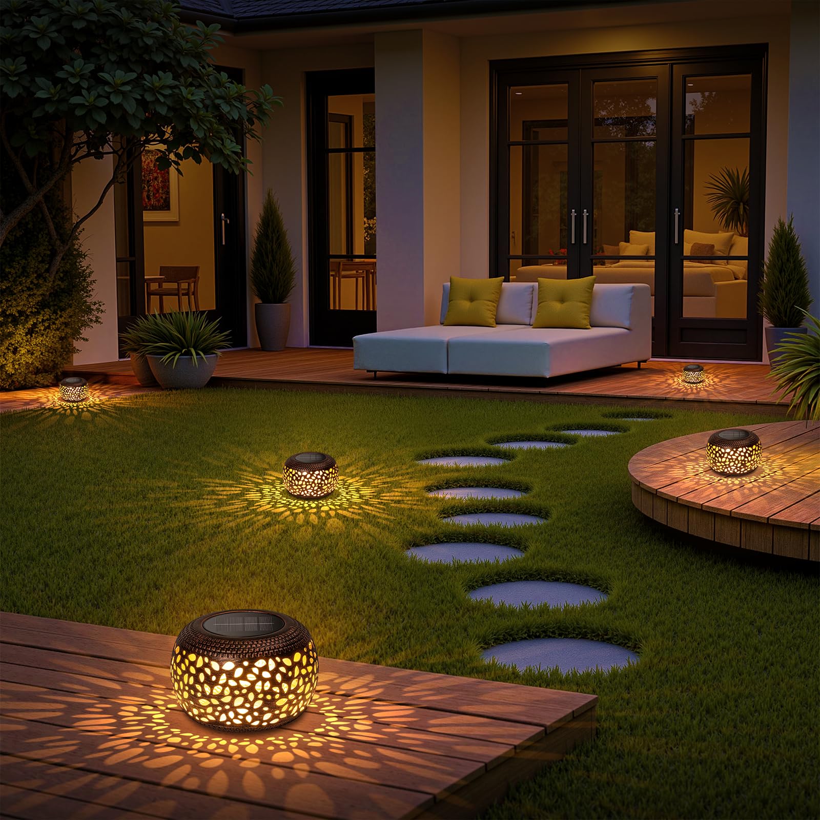 Solar Lanterns Outdoor Waterproof  4 Pack Flower Petal Solar Garden Lights With 2 Lighting Colors  Vintage Metal Outdoor Patio Garden Decor - Unique Gifts For Women Mom Sisters Birthday