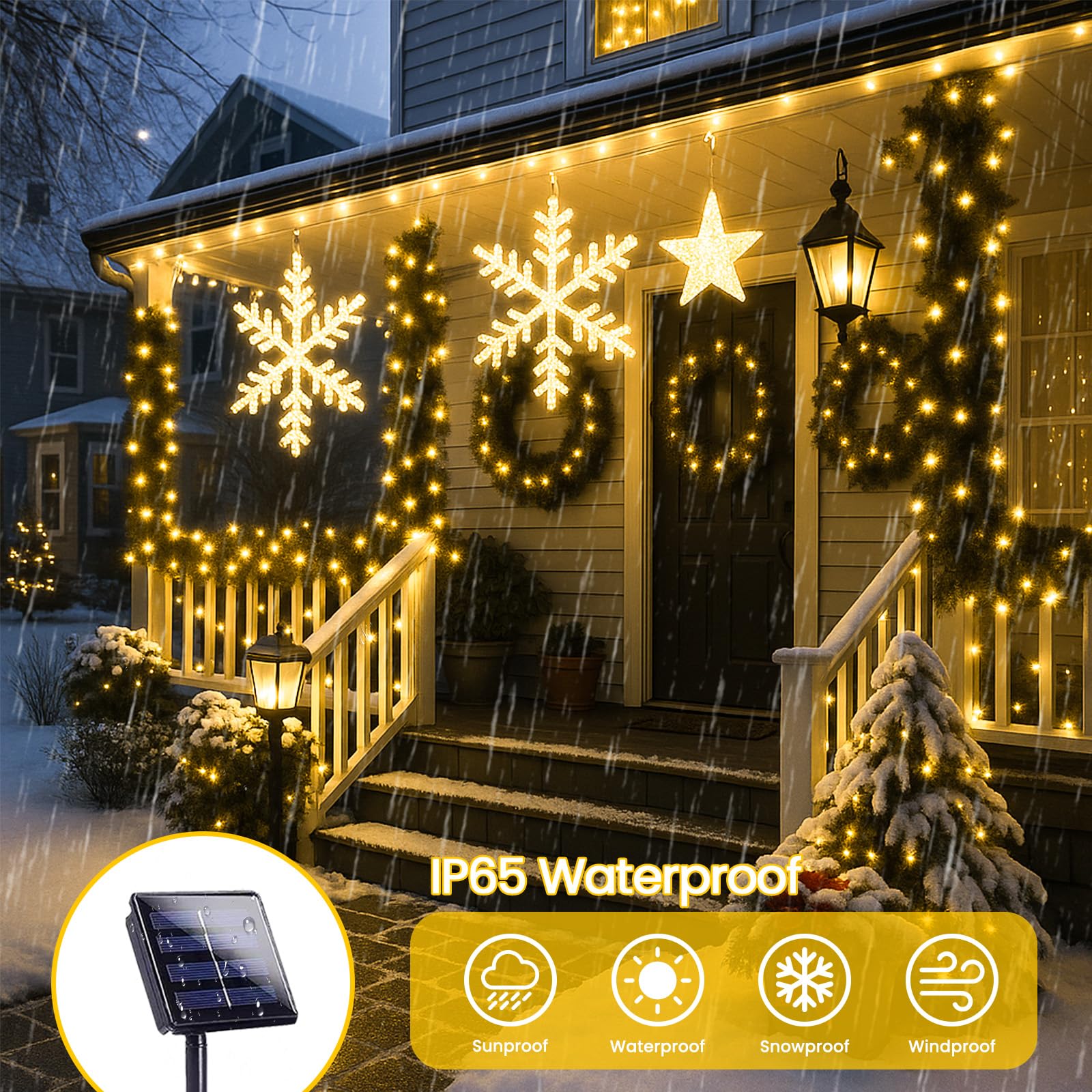 SANJICHA Solar String Lights, 4 Pack 180FT, 320 LED, Waterproof, 8 Modes, Warm White, Green Wire, Model SSLGW
