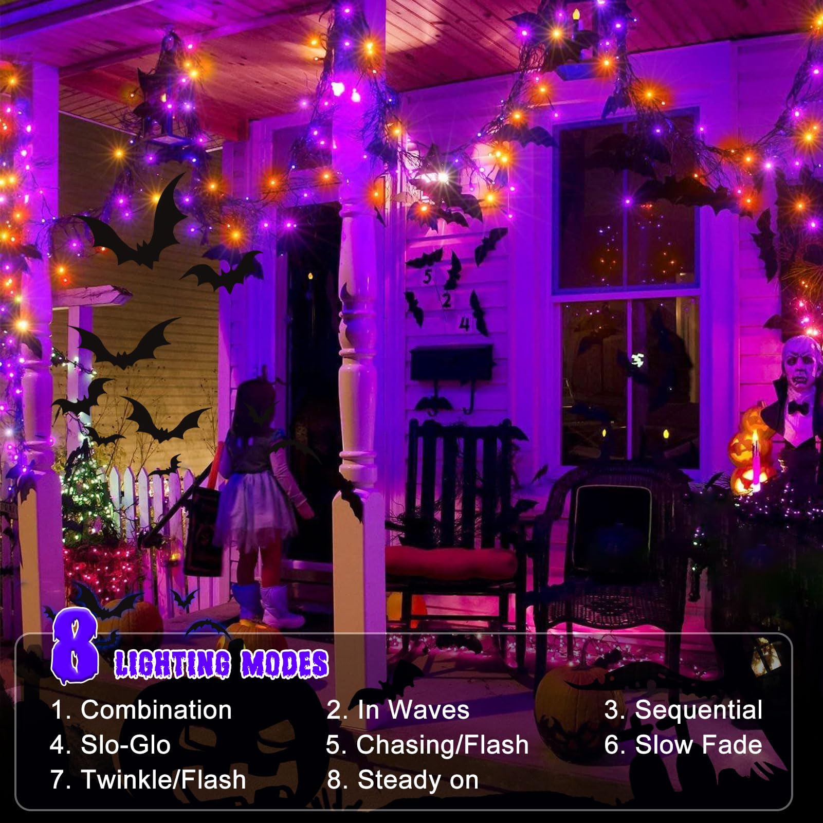 Orange Purple Halloween Lights Battery Operated, 2 Pack Total 46Ft 140 Led Mini String Lights With Timer 8 Modes Twinkle Lights
