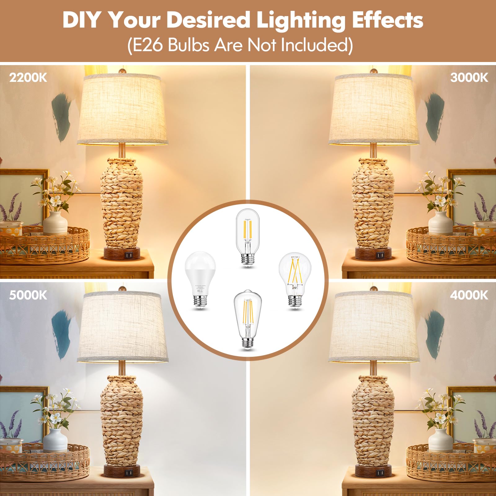 Set Of 2 Rattan Table Lamps, 27In Tall Boho Table Lamps With 2 Usb Charging Ports, Farmhouse Rustic Woven Seagrass Bedside Lamps