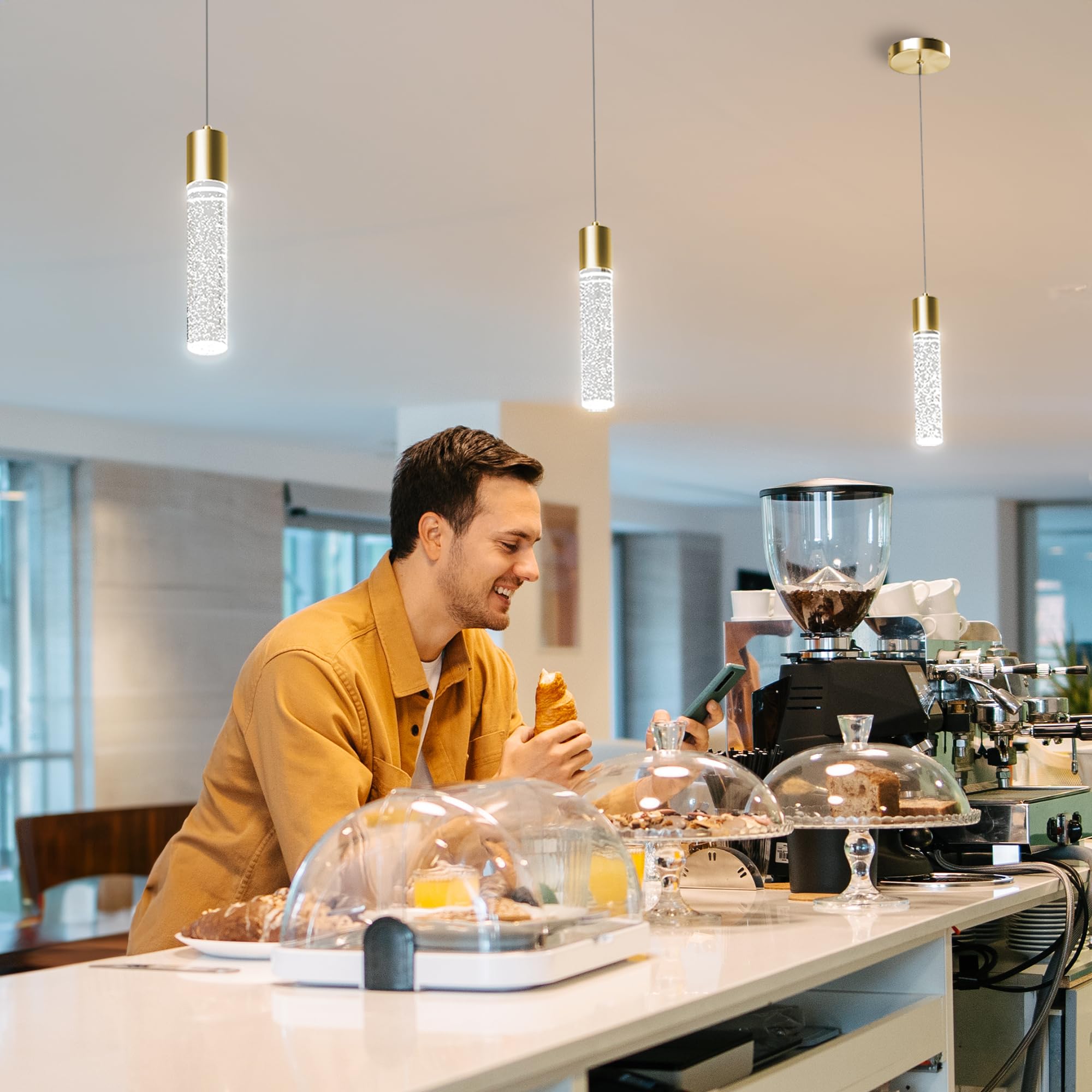 Esfos 3 Pack Pendant Lights for Kitchen Island, 6500K LED Crystal Bubble, Brushed Gold Finish, Model L11-3-GD