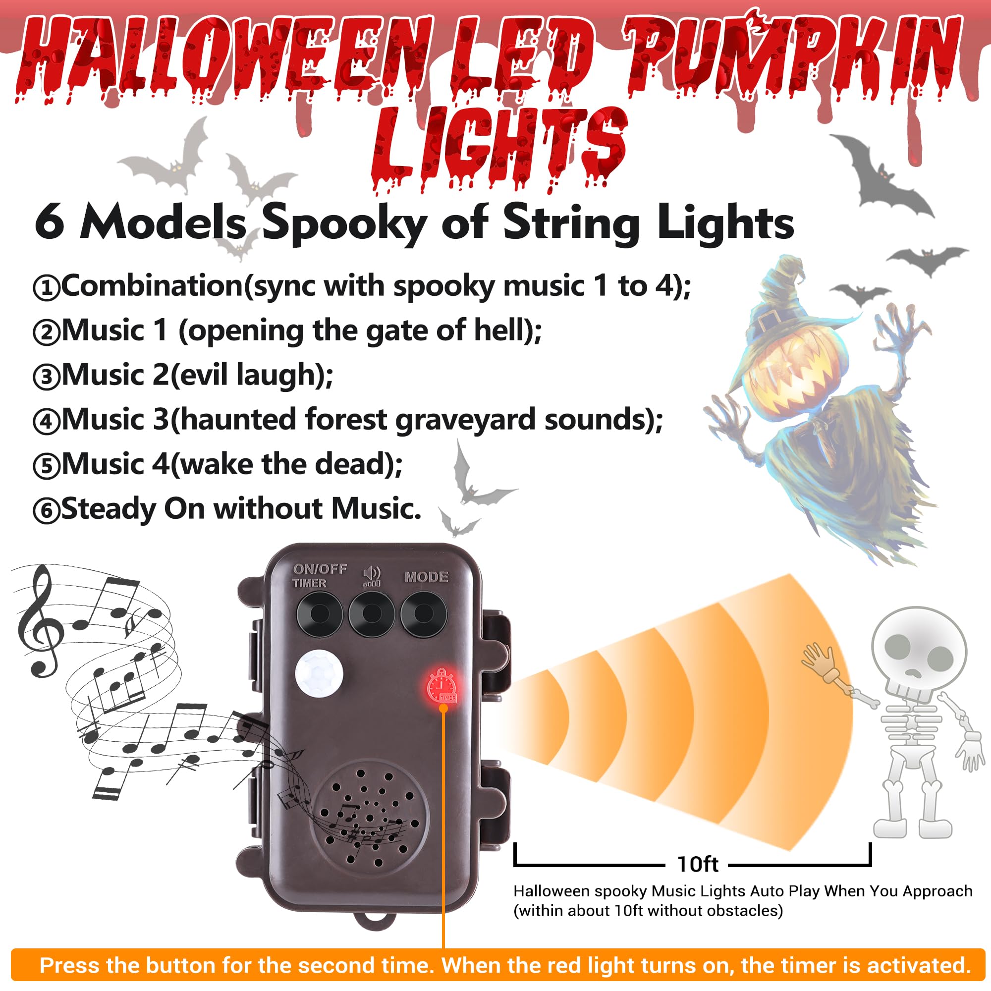 Jnaurb Motion Sensor Halloween Pumpkin Lights, 10 LED, 8.8ft, Waterproof, 6 Modes, Orange