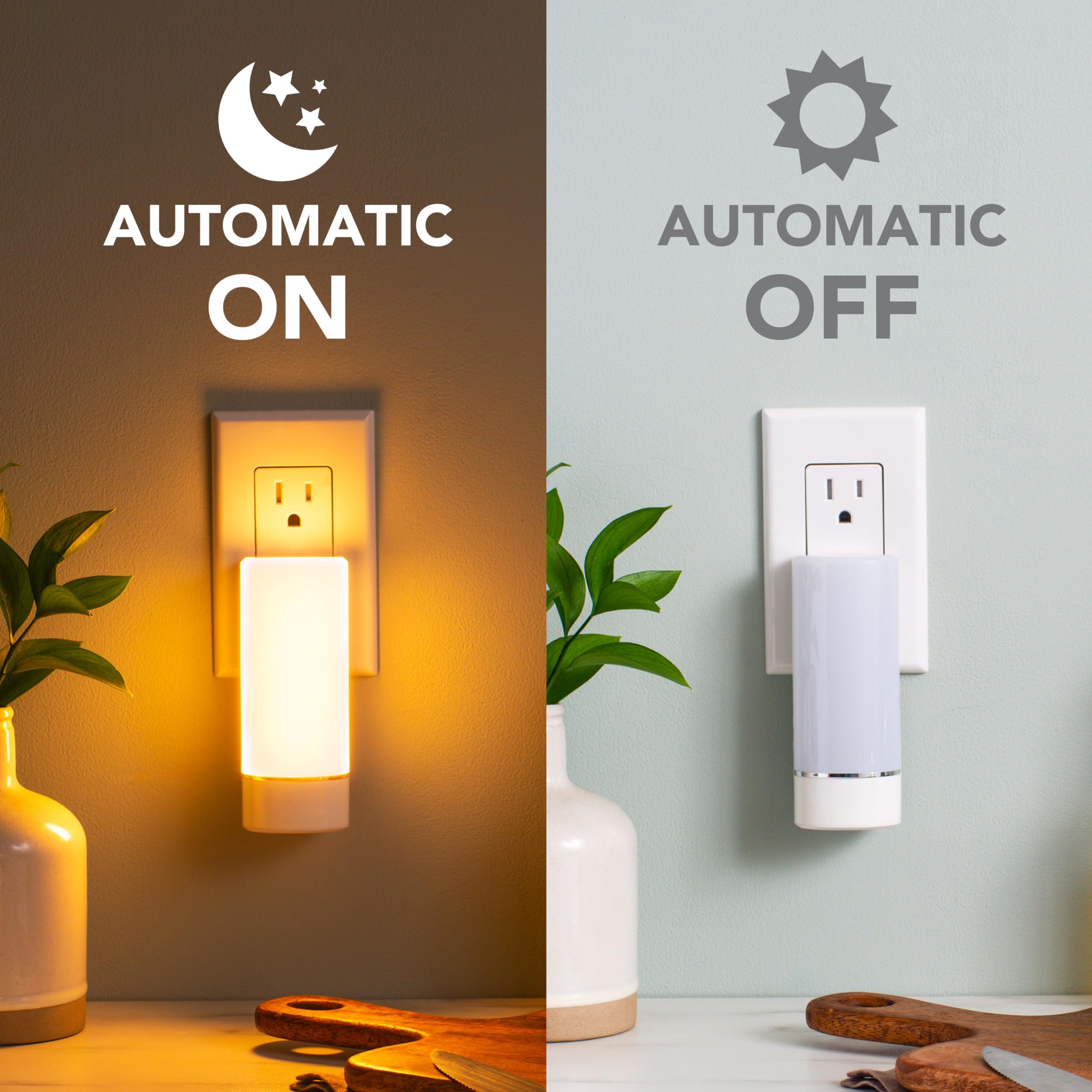 Sunbeam 3-Pack Emergency Night Lights, 5-in-1 Multi-Color LED, Dusk to Dawn, Motion Sensor, Rechargeable, Blackouts, Foldable Plug