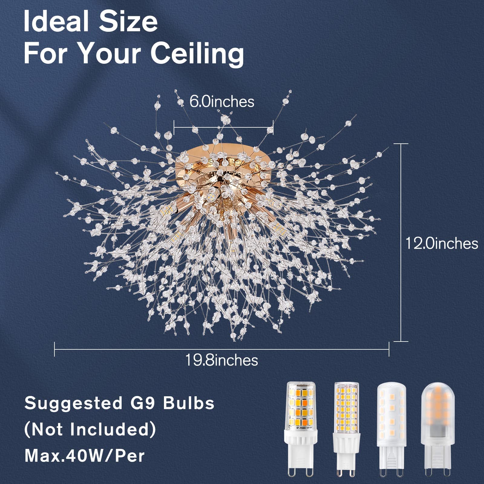6-Light Sputnik Flush Mount Ceiling Light Fixture, Modern Gold Crystal Firework Ceiling Lights, Close To Ceiling Lamp For Bedroo