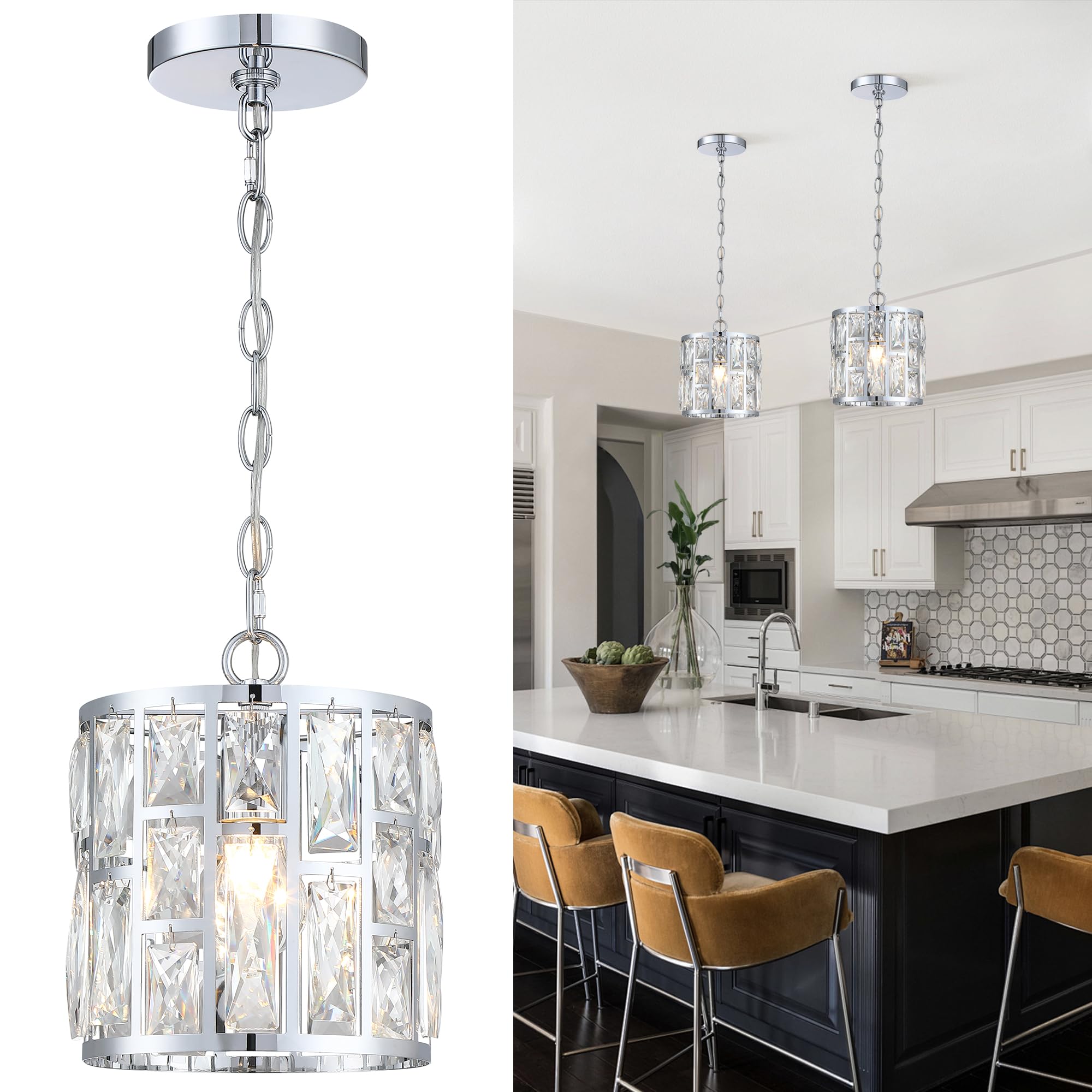 Modern Crystal Pendant Light,Chrome Chandelier Light Fixture, Cylinder Adjustable Height Pendant Lights for Kitchen,Dining Room,