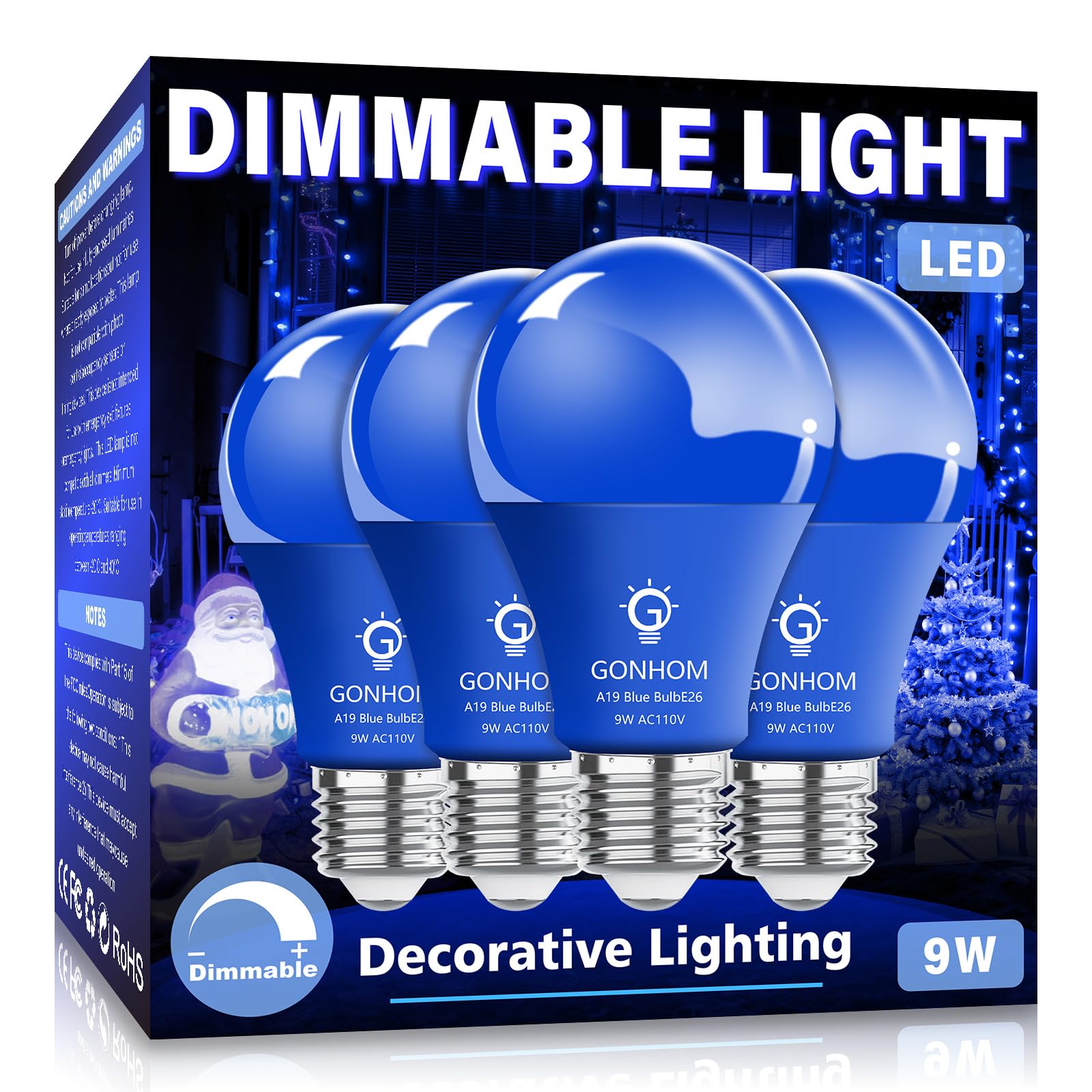 Gonhom 4 Pack A19 Blue Led Bulbs, 9W Equivalent To 100W, E26 Base For Party &