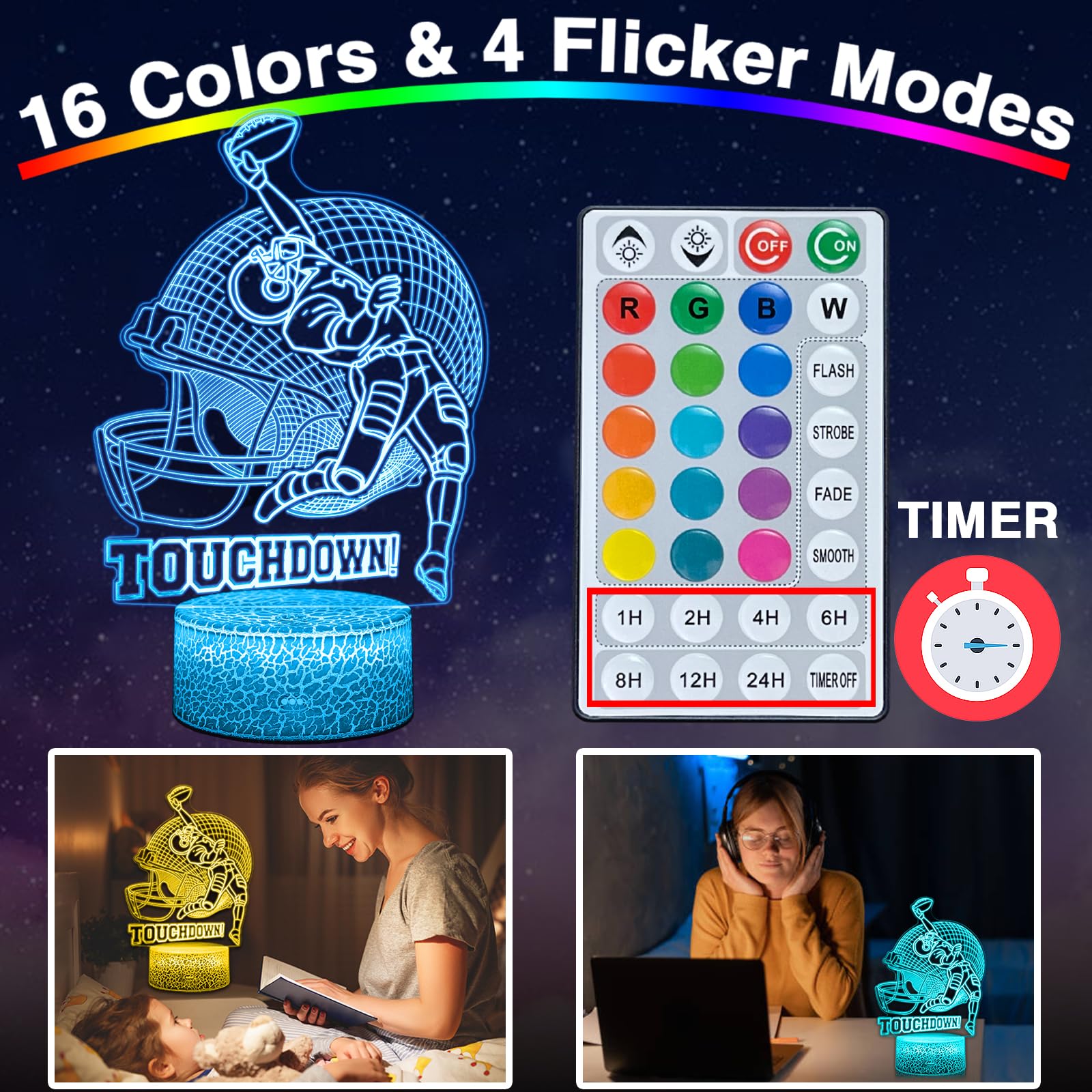 DAHEYMA Football Lamp, 16 Colors Touchdown Night Light - Remote Control, Timer Tpye-C Dimmable, LED 3D Light Illusion, American