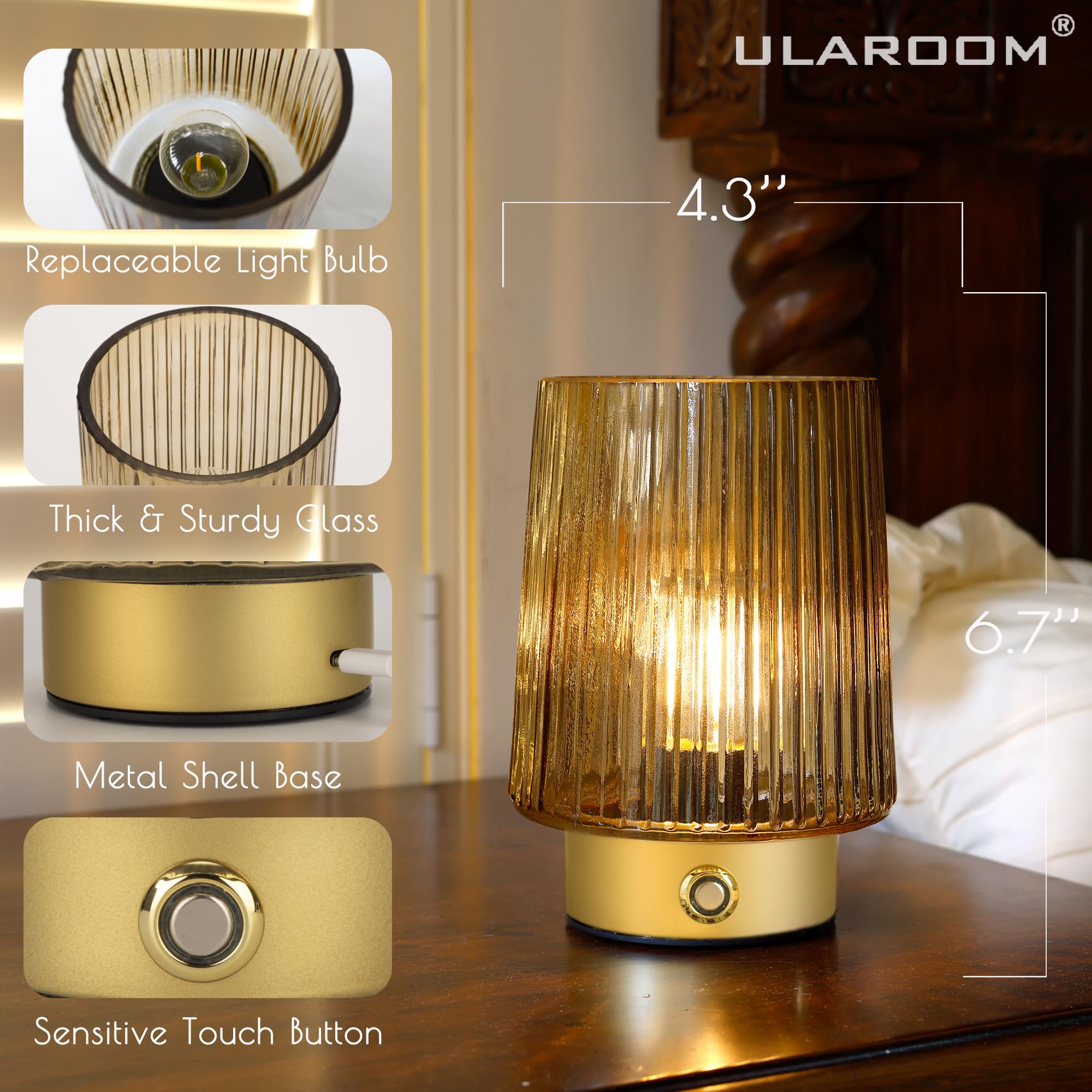 ULAROOM Cordless Rechargeable Table Lamp - Dimmable Touch Control, Portable Design, Yellow, Model a2f83490