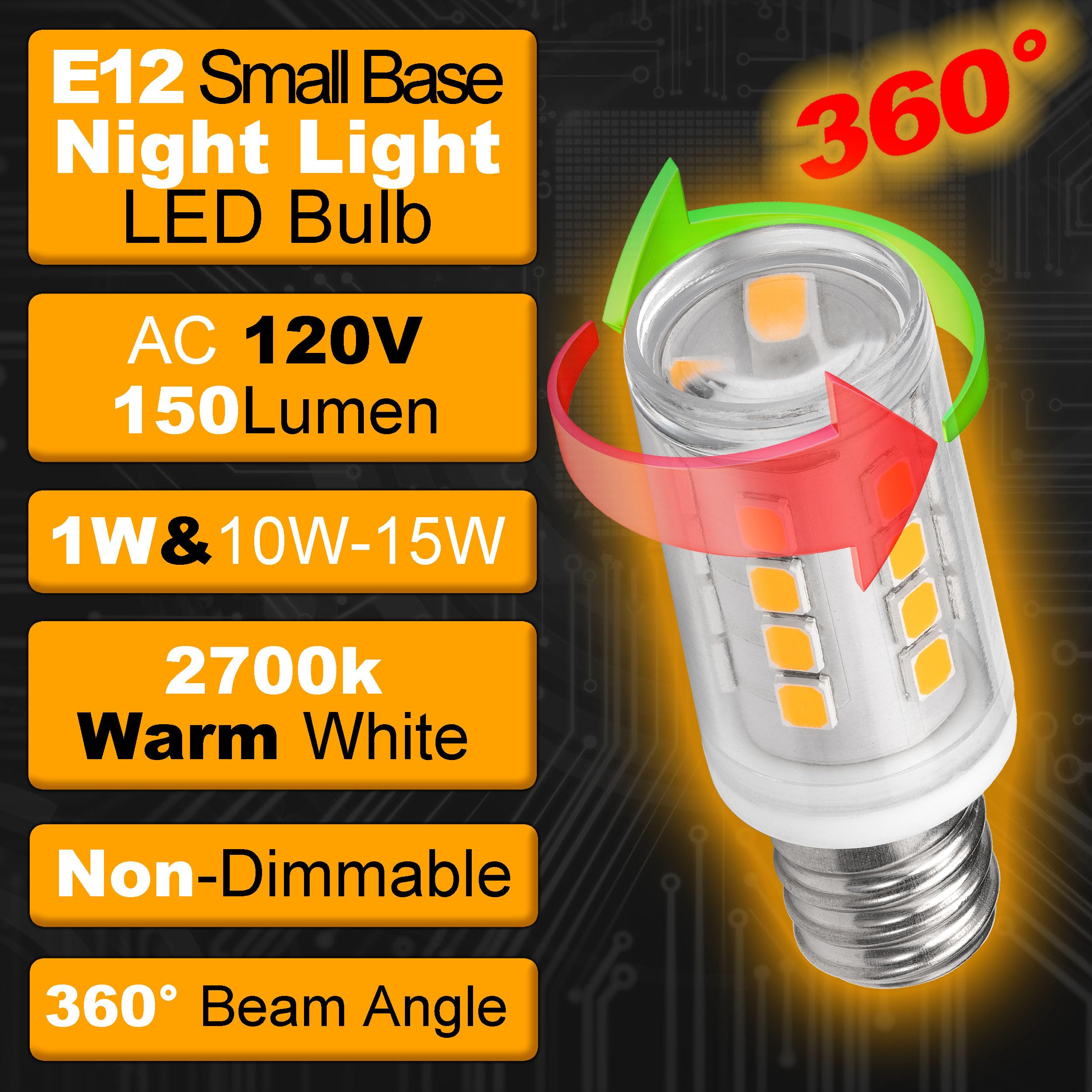 Hylroe E12 Led Candelabra Base Night Light Bulb 1 Watt Equivalent 10W 15W, Ac120V 150Lm 2700K Warm White C7 E12 Small Bulbs For