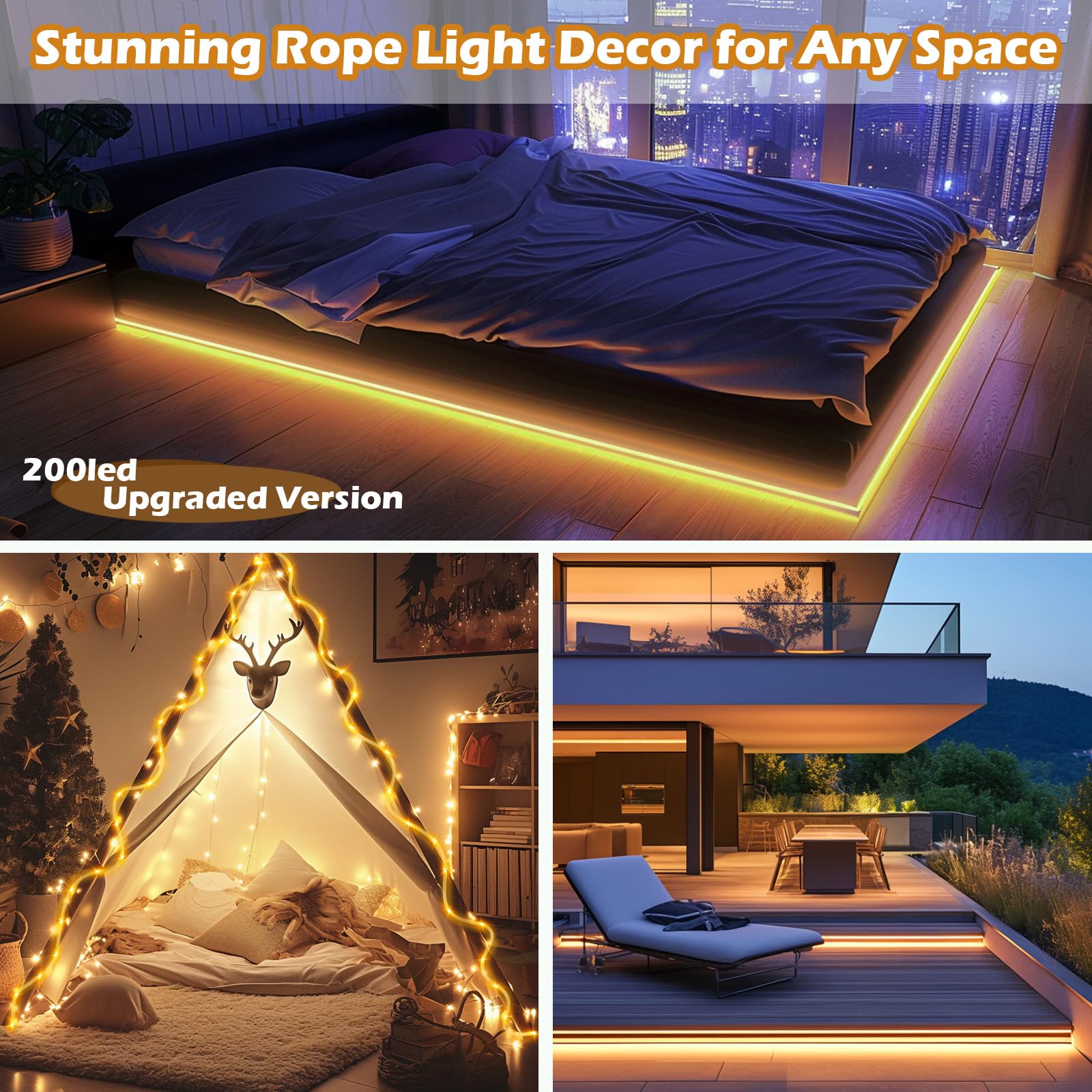 LairtPOW Solar Rope Lights, 200 LEDs, Waterproof, Warm White, 65FT, Rechargeable Battery, Remote Control, Model SRL-66FT-20M-HW