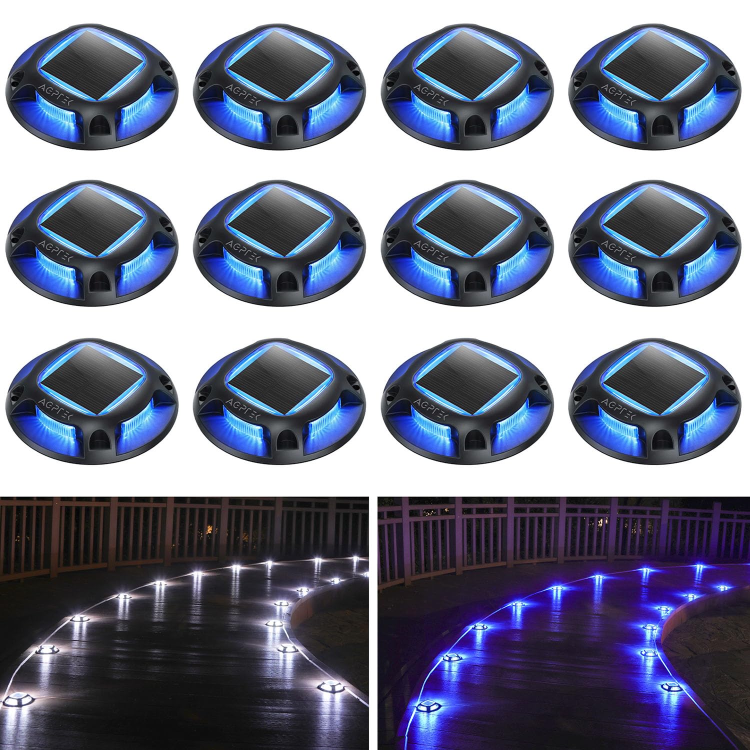 AGPTEK Solar Driveway Lights Outdoor 12 Pack  2 Color Modes LED Deck Dock Marine Waterproof Security Marker Lights for Step Sidewalk Stair Garden Pathway Walkway Yard(Blue Light/Cool White  Black)