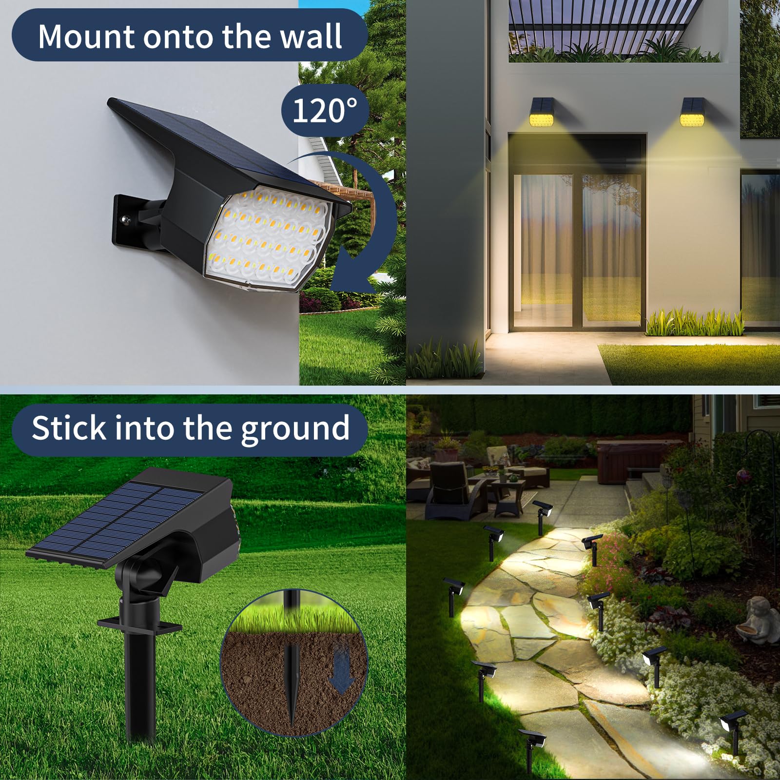 Kipeini Solar Spot Lights Outdoor 12 Pack, [52 Led/ 3 Color Lighting] Solar Lights Outdoor Waterproof Ip65 Dusk To Dawn Solar Powered Landscape Spotlights For Outside Yard Garden Pathway Lawn