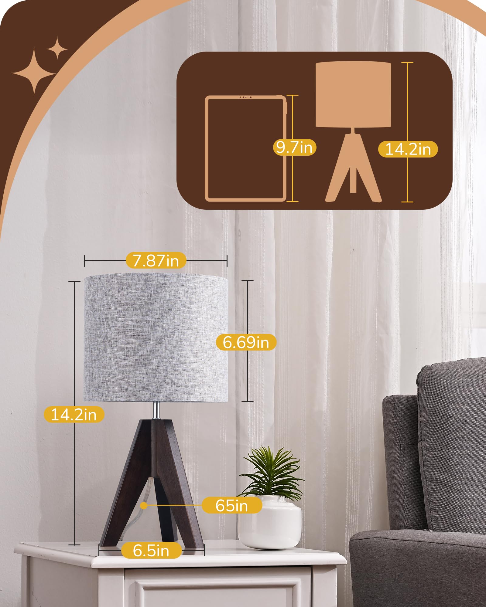 Edishine Boho Small Table Lamp, Walnut Color Wooden Tripod Bedside Lamp, Farmhouse Nightstand Lamp For Nursery, Bedroom, Office,