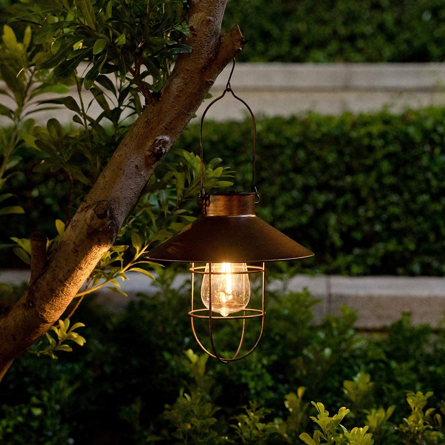 HUYIENO Solar Metal Hanging Lanterns 2-Pack with Shepherd Hook, Brushed Copper, Model HY1203