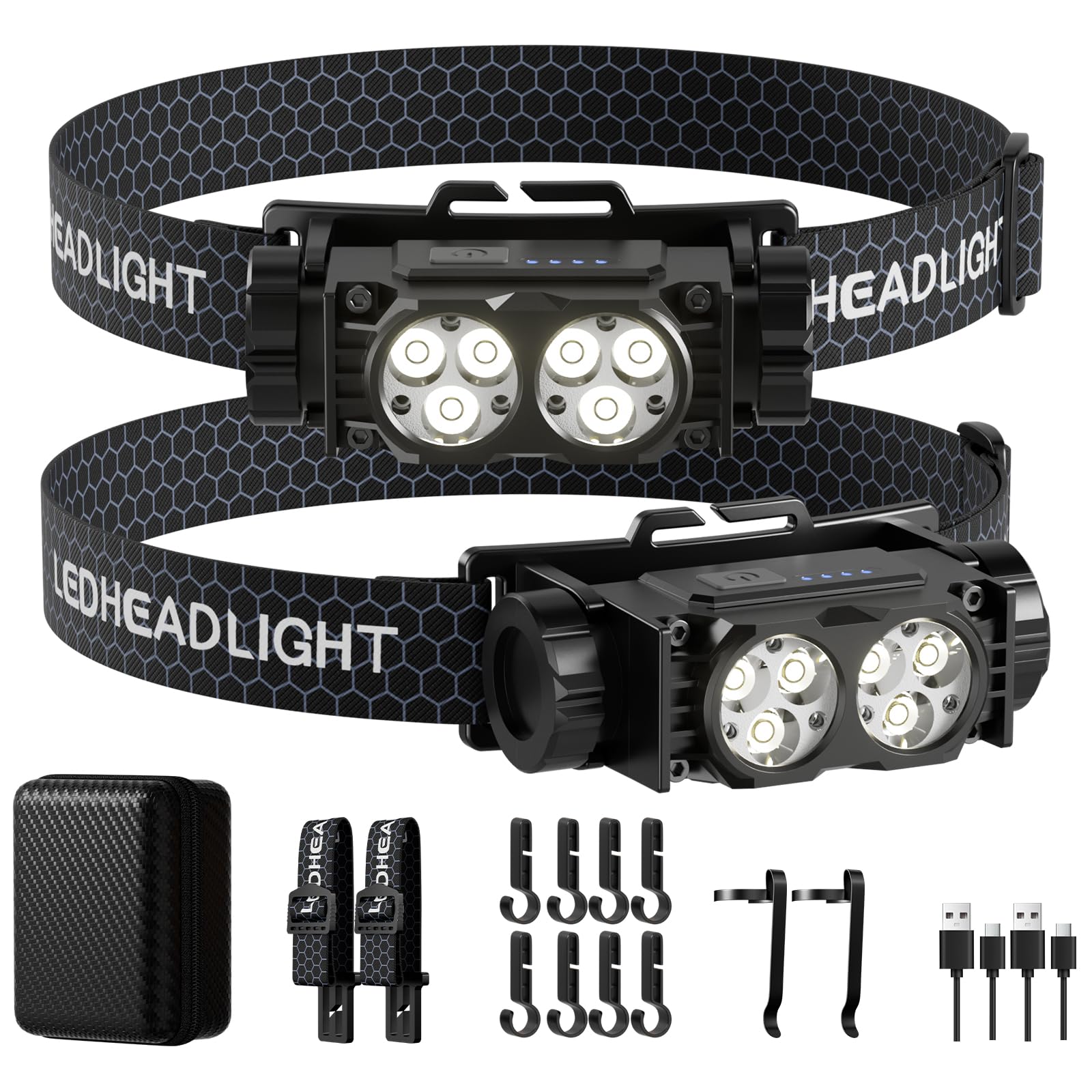 Keikuy Headlamp Rechargeable 2Pcs,4500L Super Bright Light Bright Led Rechargeable Headlight With White Light, Waterproof Head L
