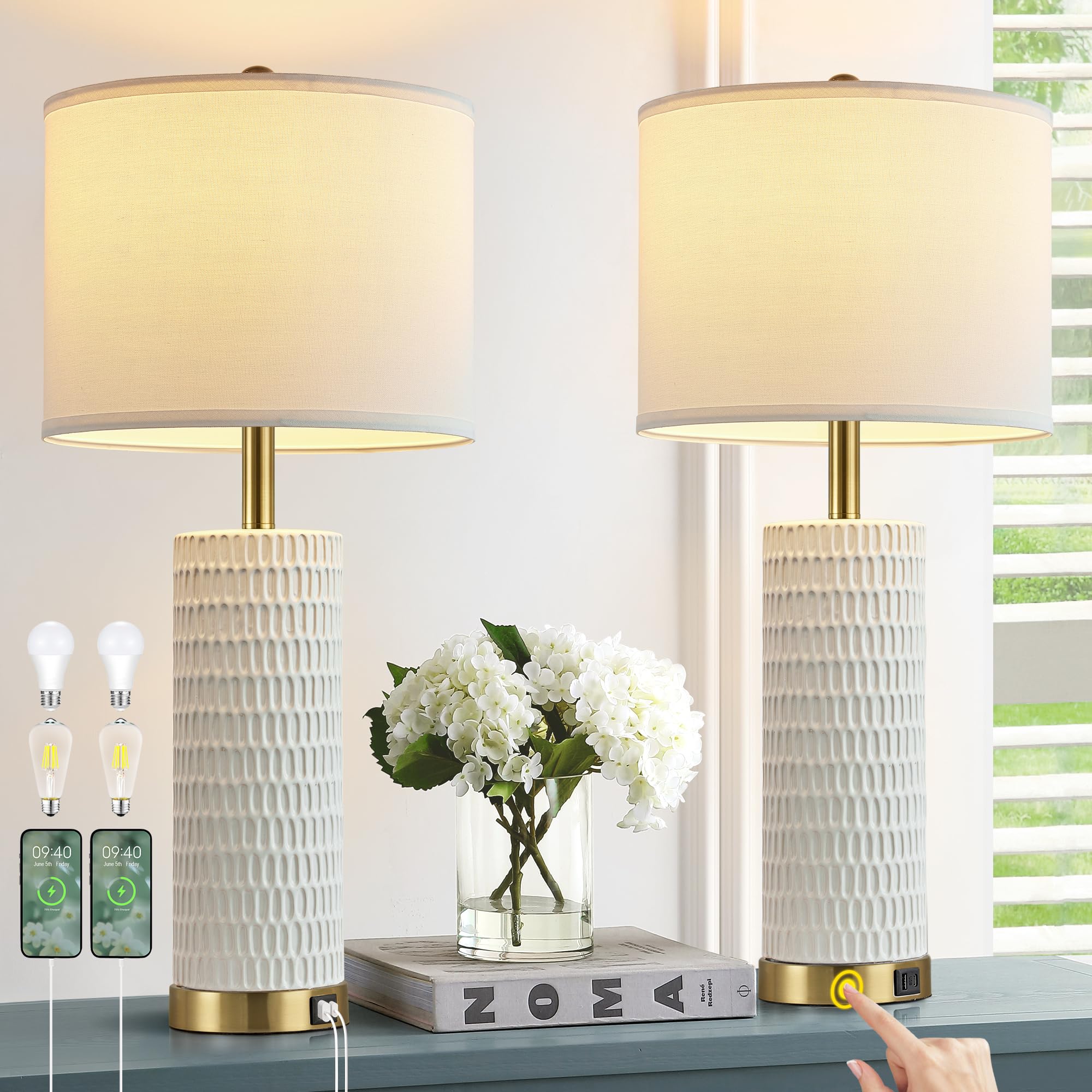 Reaketon Ceramic Table Lamps Set of 2, 3-Way Dimmable Touch Control, 26.5in, White Shade & Gold Base, Model 22102-1T PGD