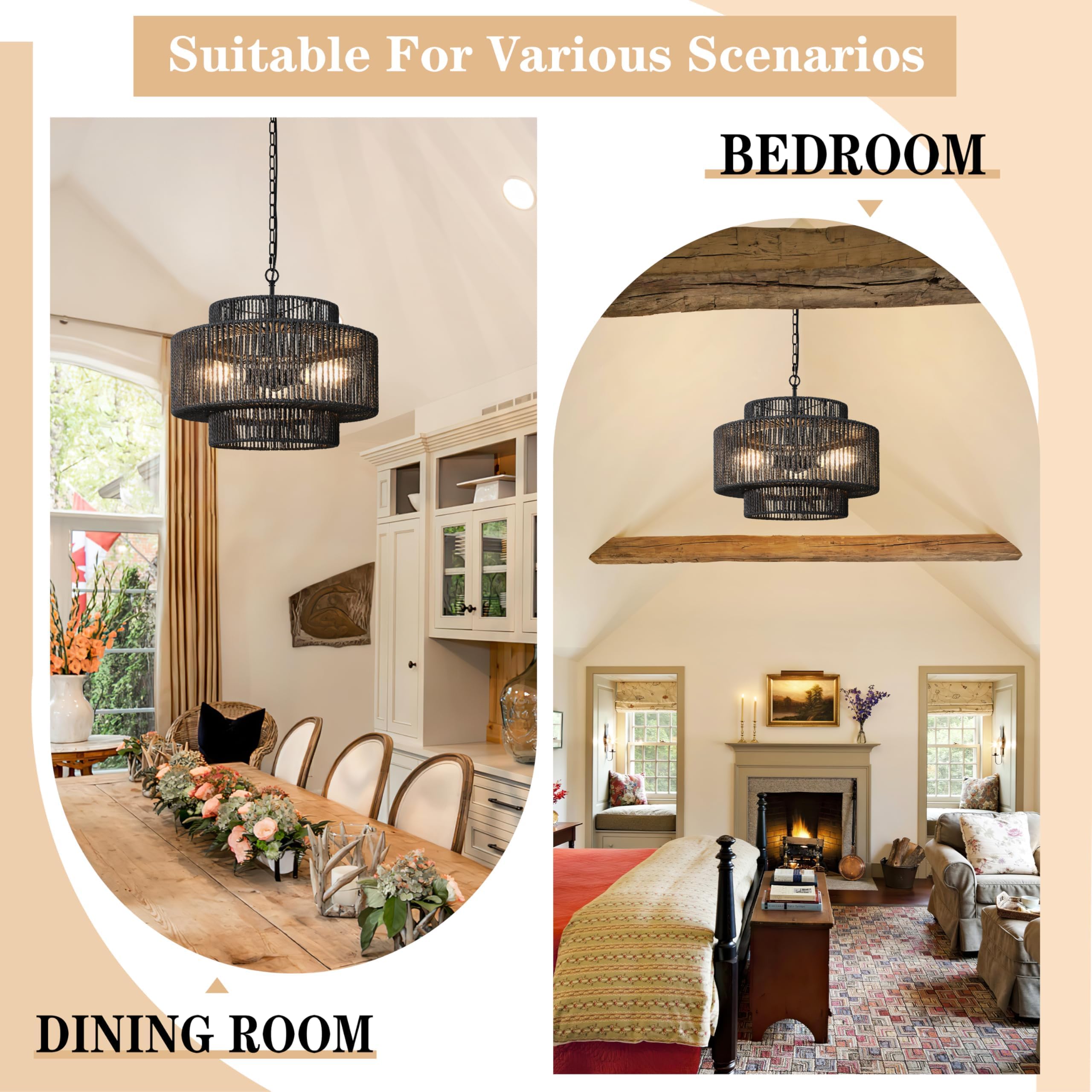 Bagood 18'' Rattan Pendant Light Black Hand-Woven Rattan Chandelier 3-Light Woven Pendant Light 3-Tier Wicker Pendant Light Rust