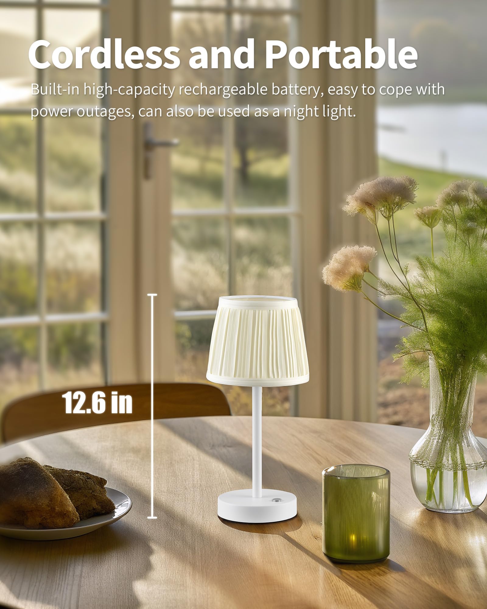 Pusu 2 Pack Cordless Led White Table Lamps  Rechargeable 4000Mah 3 Way Dimmable Bedside Small Lamp With Fabric Shade  Lighting For Bedroom  Kids Room  Bathroom  Kitchen  Decor  Gift  Night Light